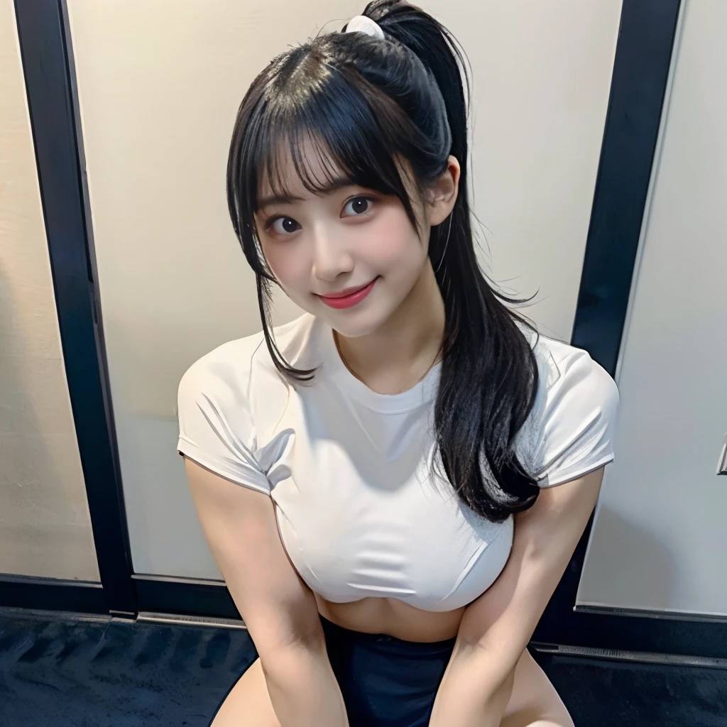 (white tightＴshirt)),((Navy blue bloomers)) 、huge breasts、ponytail, japanese girl, 8K, ((full body shot))， highest quality, masterpiece, realistic, Photorealistic super detail, one girl, cute, best smile, beautiful eyes, long hair, perfect face,full body shot