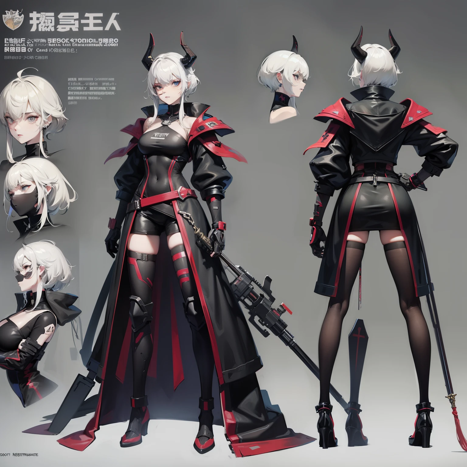Cyberpunk adventure game female character, whole body, (((Holding a huge mechanical cross staff in his hand, mechanical prosthesis,)))character design sheet, same characters, fallback-v4-3:2 air, (black eye stone, Devil short horn), Detailed face and body, futuristic clothing , High quality rendering.Three View,((Front view,side view,Back view))