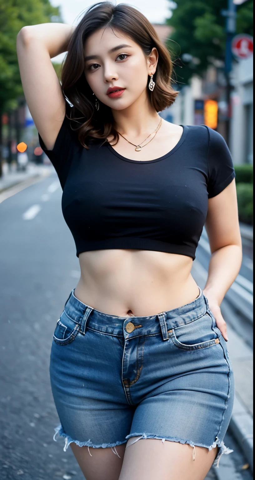((best quality)), ((masterpiece)), (detailed), perfect face, araffe woman in a long dark-blue shirt and blue denim skirt walking down a street, thicc, wavy short hair , she has a jiggly fat round belly, bbwchan, wearing tight simple clothes, skinny waist and thick hips, widest hips, her belly is fat and round, soft curvy shape, hyperrealistic full figure, wearing a cute top, wide hips, wearing 10 bracelet , wearing huge diamond necklace