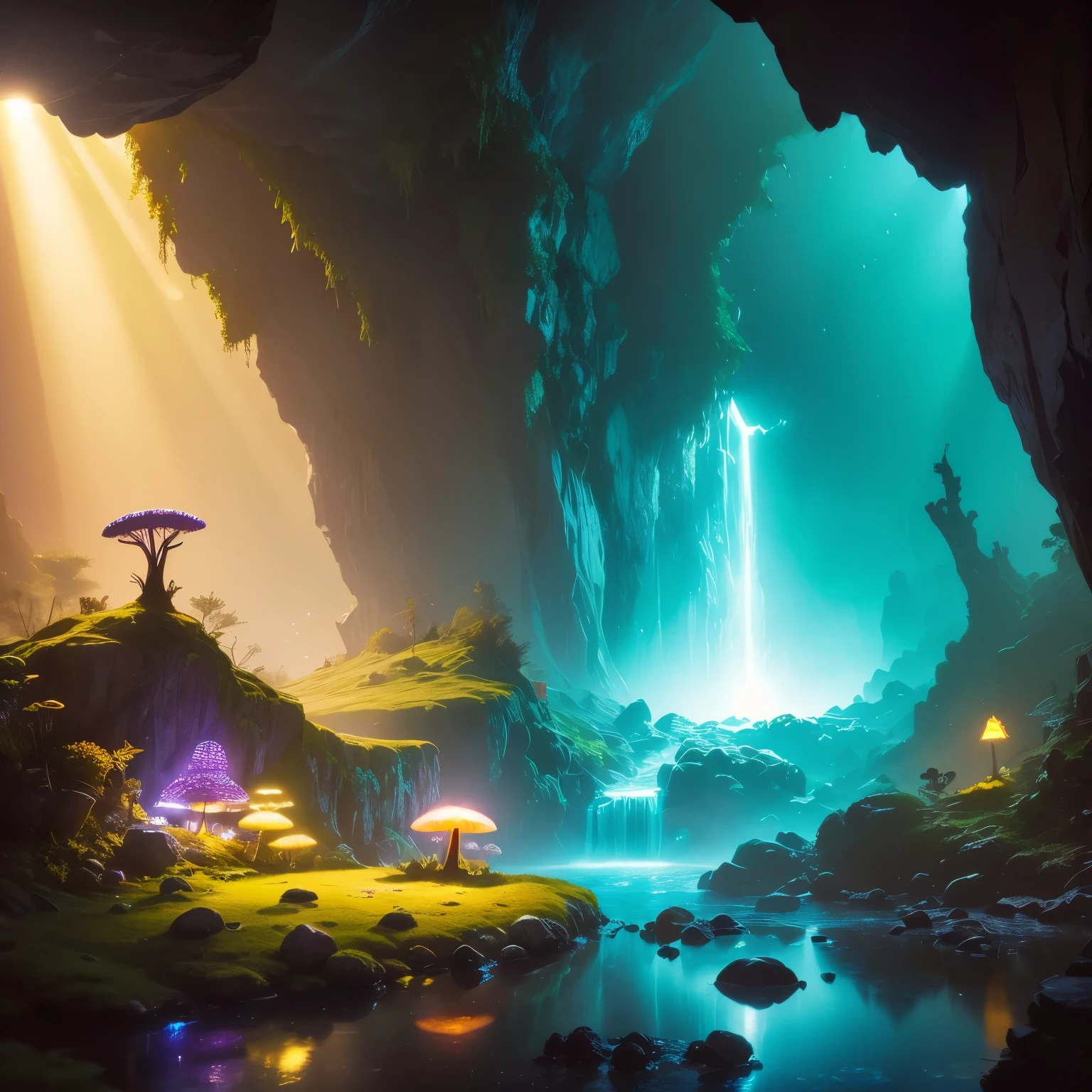 (Tyndall effect),A cave filled with glowing exotic plants, Create a dreamy and colorful atmosphere. sunlight shining through，Casts a golden light on the ground，The plants emit Energetic hues of purple, blue, and green, Create a charming glow，lighting up the environment around him. The cave is filled with beautiful mushrooms of all shapes and sizes, Adds to the charming atmosphere. when you explore the cave, You notice the fireflies flickering softly, Their tiny bodies emit a soft, delicate light. They danced in the air, Add magic to the scene. in the center of the cave, You find a playful leprechaun sitting on a large mushroom, His mischievous eyes sparkled with joy. The cave is bathed in warm and Energetic colors, Gives an otherworldly and ethereal feel. 光影的变化给周围环境增添了mystery感, Invite you into this fascinating world. The Energetic colors and intricate details make the scene come to life, Take you into a whimsical realm. (best quality, detailed, 4k, high resolution:1.2), ultra-detailed, (actual, photoactual:1.37) mystery, Energetic, and charming, This artwork captures the essence of the magical cave. rich colors, intricate details, The charming atmosphere makes it a masterpiece worth exploring.(Tyndall effect:1.5)