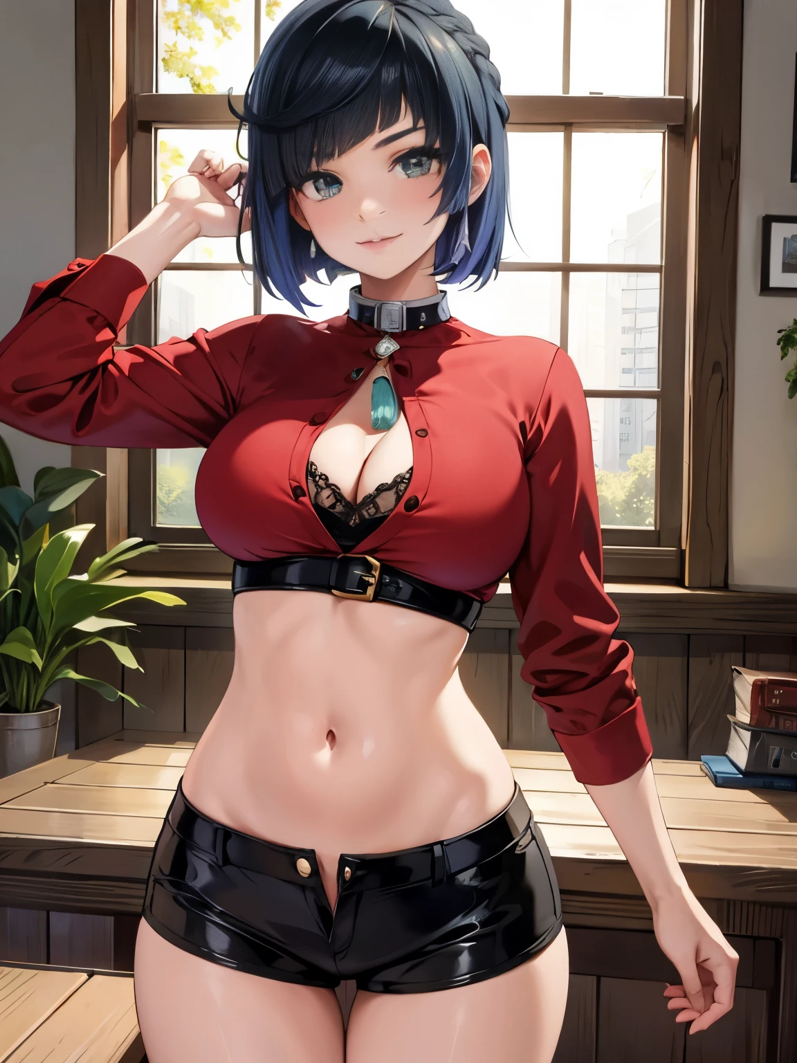 woman, 26 years old, cat-eye pose, short hair, perfect hands, perfect fingers, perfect body, sensual cleavage, medium breasts, red shirt, wearing tight black shorts, sexy shorts, vinyl shorts, Ultra HD, 4k image, best quality image, (fidelity: 1.4), photoreal, light green eyes, eyelashes, beautiful pupil, shadows, slight blush, delicate facial features, reasonable facial features, exposed waist, natural poses
