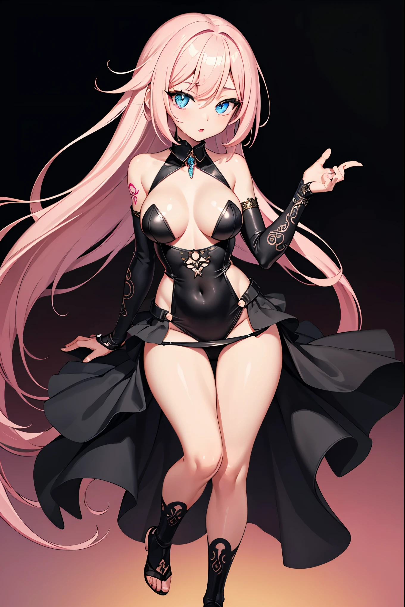 1girl, anime, cute girl, blank background, white background, fantasy, detailed fantasy dress with highlights, beautiful face, beautiful eyes, dark colors, pink hair with some streaks of blue strands, different color pupil in eye, medium small breasts (slightly big), slight cleavage, beautiful skin, cute, breast curtains, extremely delicate and beautiful, (beautiful detailed face:1.0), (detailed deep eyes), symmetrical breasts, deep eyes, shiny skin, portrait, slender waist, hips wider than shoulders, thighs, expressionless, young girl, luminous eyes, adorable,(Kpop idol),(aegyo sal:1),(Platinum blonde hair:1),((puffy eye)),Black panty,sexy posture,Superskirt, ultra high resolution,Black collar,slim figure, Abdominal y tattoo, womb tattoo,Tight-fitting leg ring,y tattoo on half-body,Bare skin, Armored hand,Hidden fingertips,Hand covered,Arm covered,Fist covered,{{beautiful detailed fingers}}, tufts of hair, moderate beautiful breast:1.0,