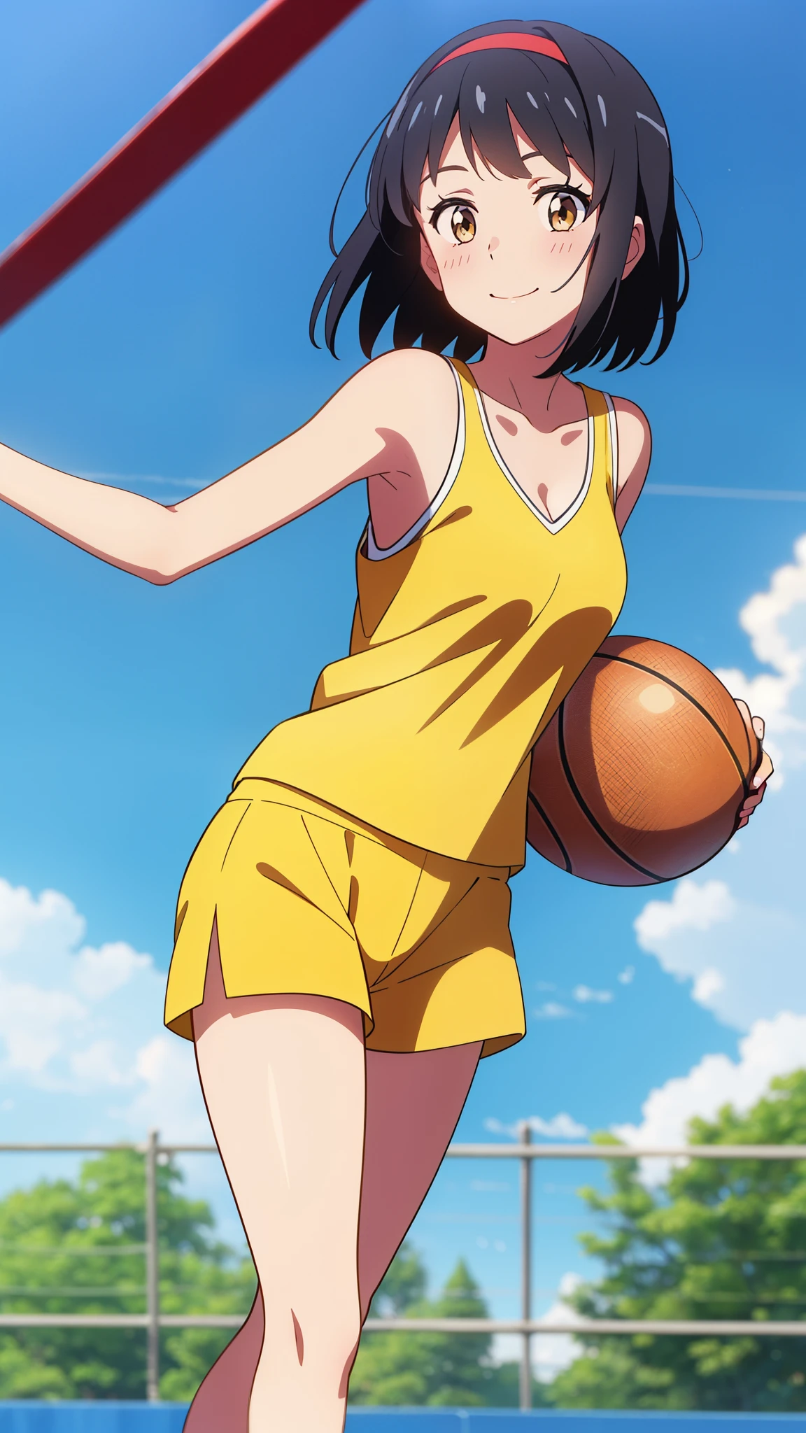 shinkai makoto, kimi no na wa., 1girl, bangs, black hair, blush, bright eyes, brown eyes, red headband, red bow, red ribbon, short hair, smile, cute, beautiful, shiny skin, looking at the viewer, solo, happy, collarbone, medium breasts, yellow tank top, red shorts, blue sky, school, basketball field, basketball, hold the basketball