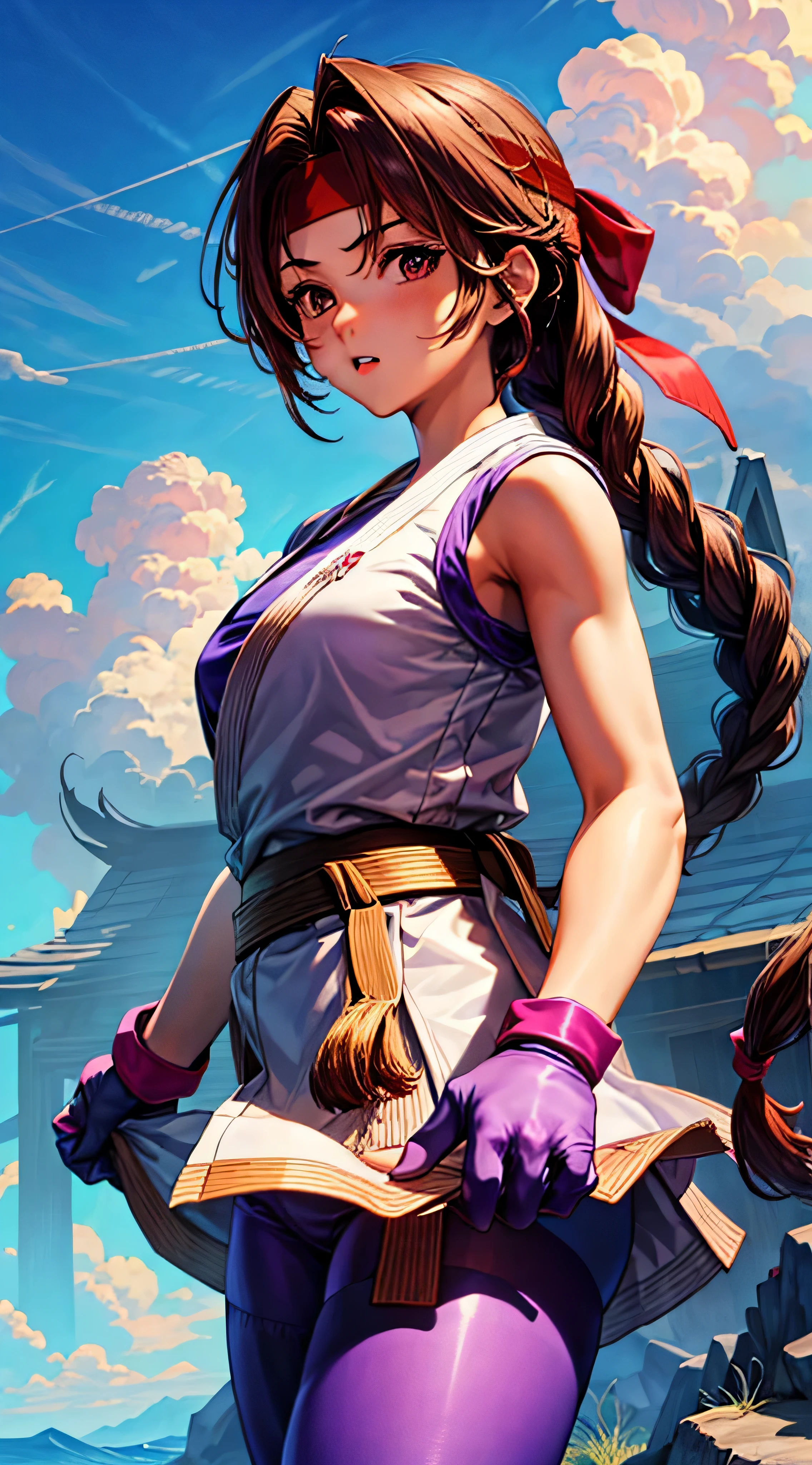 (masterpiece, best quality, high resolution, unity 8k wallpaper, extremely detailed CG:1), (illustration:1.0), 1girl, solo, yurims, red headband, white dougi, purple spandex, purple gloves