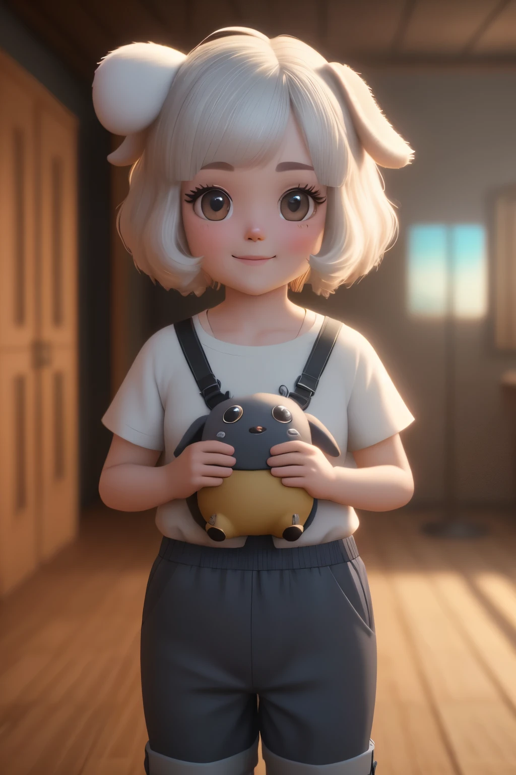 Vista frontal, 3D, em uma temporada de primaverz, a cute little anthropomorphic white firefly puppy, wearing deoletom pants, chinelos macios, corpo inteiro, standingn, olhos grandes brilhantes, rosto sorridente doce, detalhes peludos complexos, soft film lighting, 8k, retrato, Pokmon animation style, octane rendering, render on Unreal Engine, alta qualidade