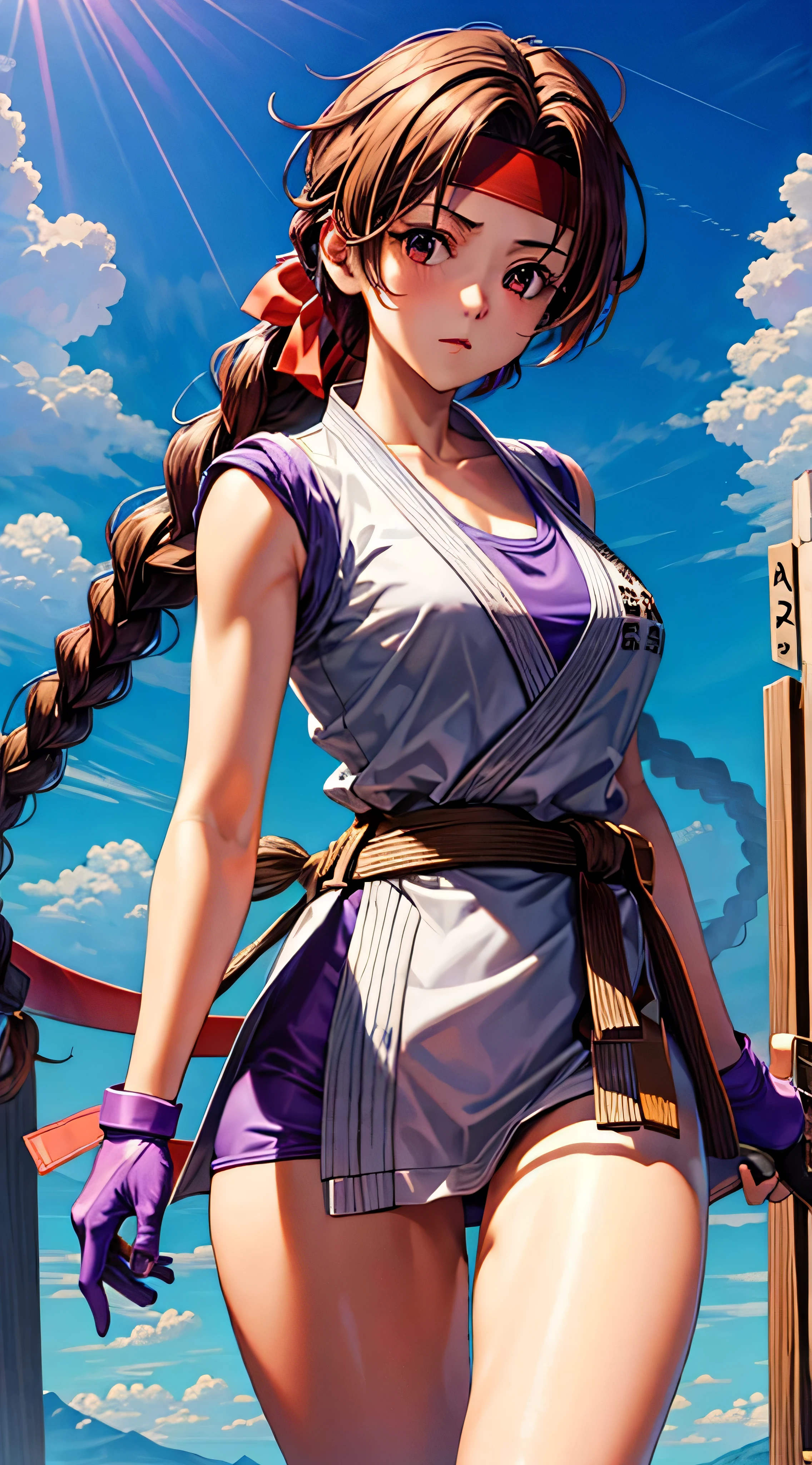 (masterpiece, best quality, high resolution, unity 8k wallpaper, extremely detailed CG:1), (illustration:1.0), 1girl, solo, yurims, red headband, white dougi, purple spandex, purple gloves