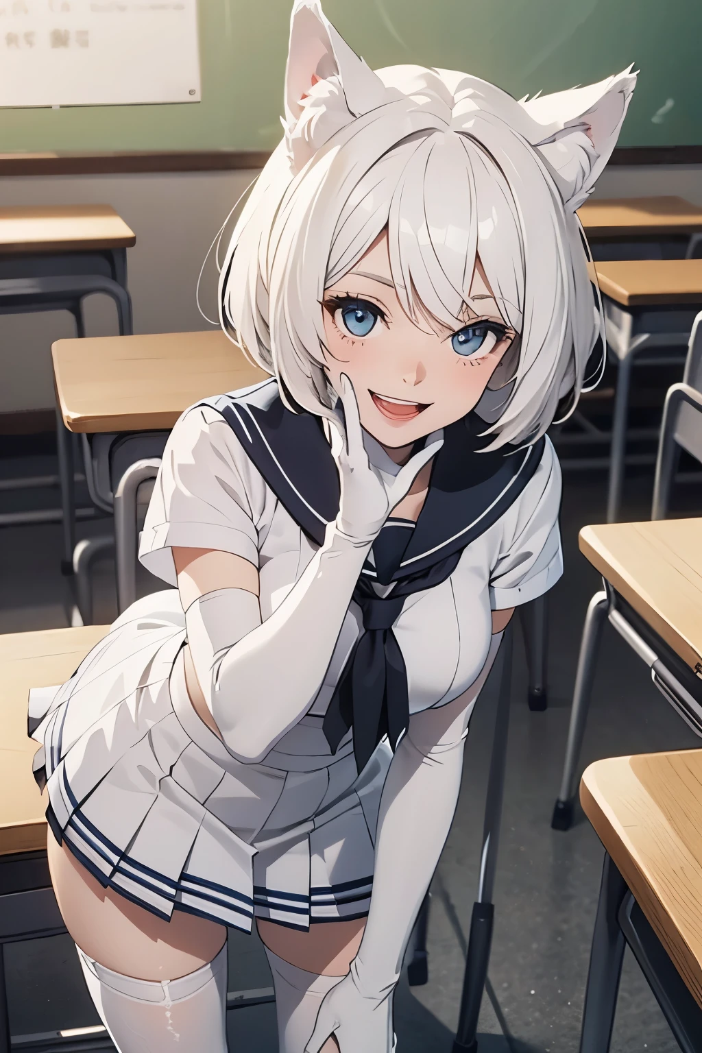table top High level image quality best image quality 8k adult woman portrait white long gloves(elbow gloves) White ugly stockings sailor suit(sleevelesini skirt white wolf ears short hair((shortcut)(pure white hair)(perm)(fluffy)) eye color is blue attractive face((laughter)(smile)(open your mouth)) beautiful feet Are standing School