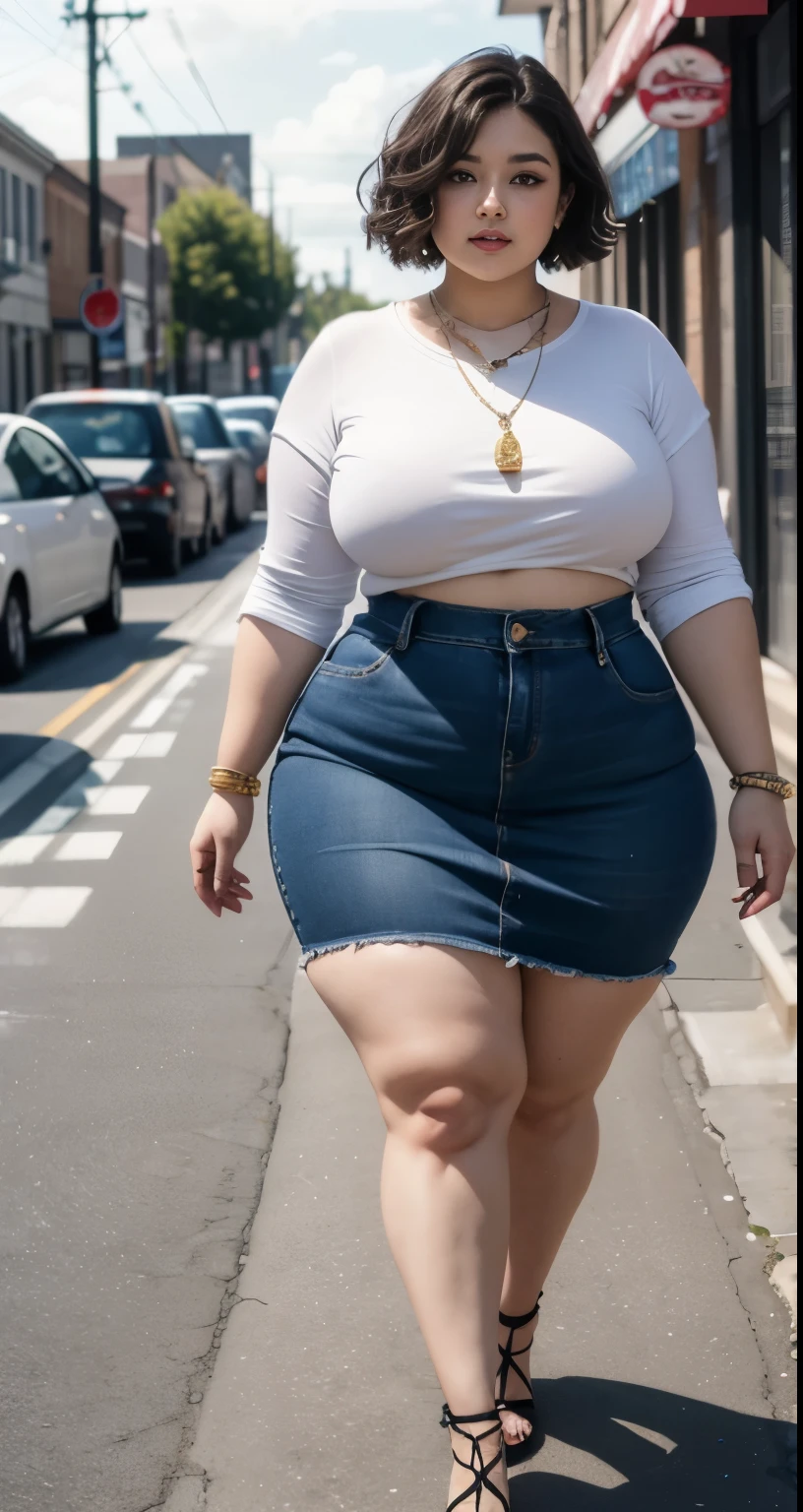 ((best quality)), ((masterpiece)), (detailed), perfect face, araffe woman in a long dark-blue shirt and blue denim skirt walking down a street, thicc, wavy short hair , she has a jiggly fat round belly, bbwchan, wearing tight simple clothes, skinny waist and thick hips, widest hips, her belly is fat and round, soft curvy shape, hyperrealistic full figure, wearing a cute top, wide hips, wearing 10 bracelet , wearing huge diamond necklace