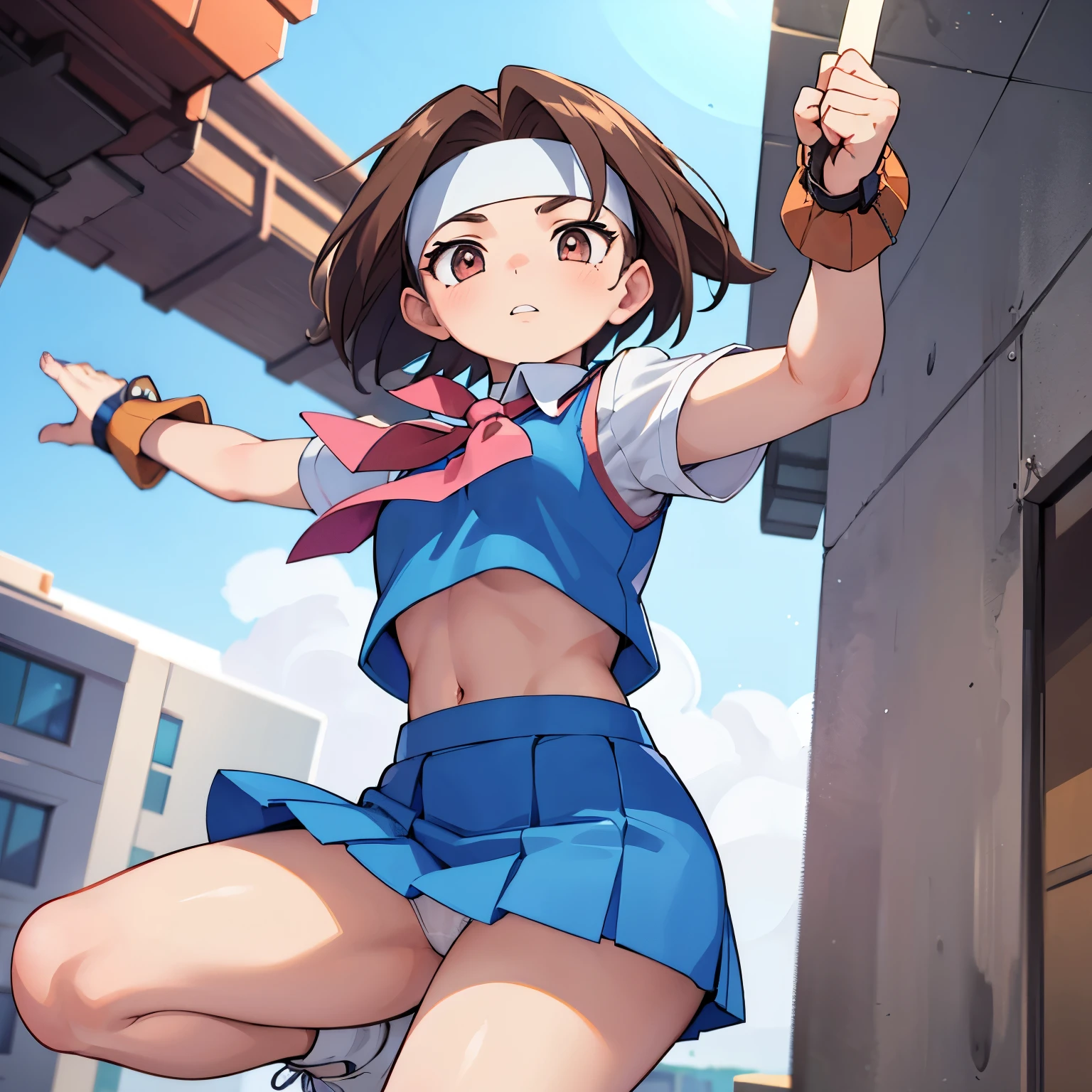 1girl, highest quality, best shadow, angle, brown pupils, breeze blow, (anime style), ((reflection light)), ((best quality)), 1080p, Detailed small breasts, Realistic skin feeling, Detailed Eyes, Beautiful Eyes, headband, blue top, blue blouse, (pleated super short skirt:1.3), (mini skirt:1.3), leather gloves, socks, white sneakers, white shirt, pink neckerchief, panty focus, ((skirt lift)), (((emphasis on blue vest))), ((emphasis on short brown hair)), clenched fists, from below, look up to, Skirt flipping in the wind, arms outstretched, twirling, revolving, in mid air, panchira: 1.2, crop top overhang, perfect white panty, bright eyes, accurate teeth with gaps, (beautiful finely detailed eyes: 1.2)