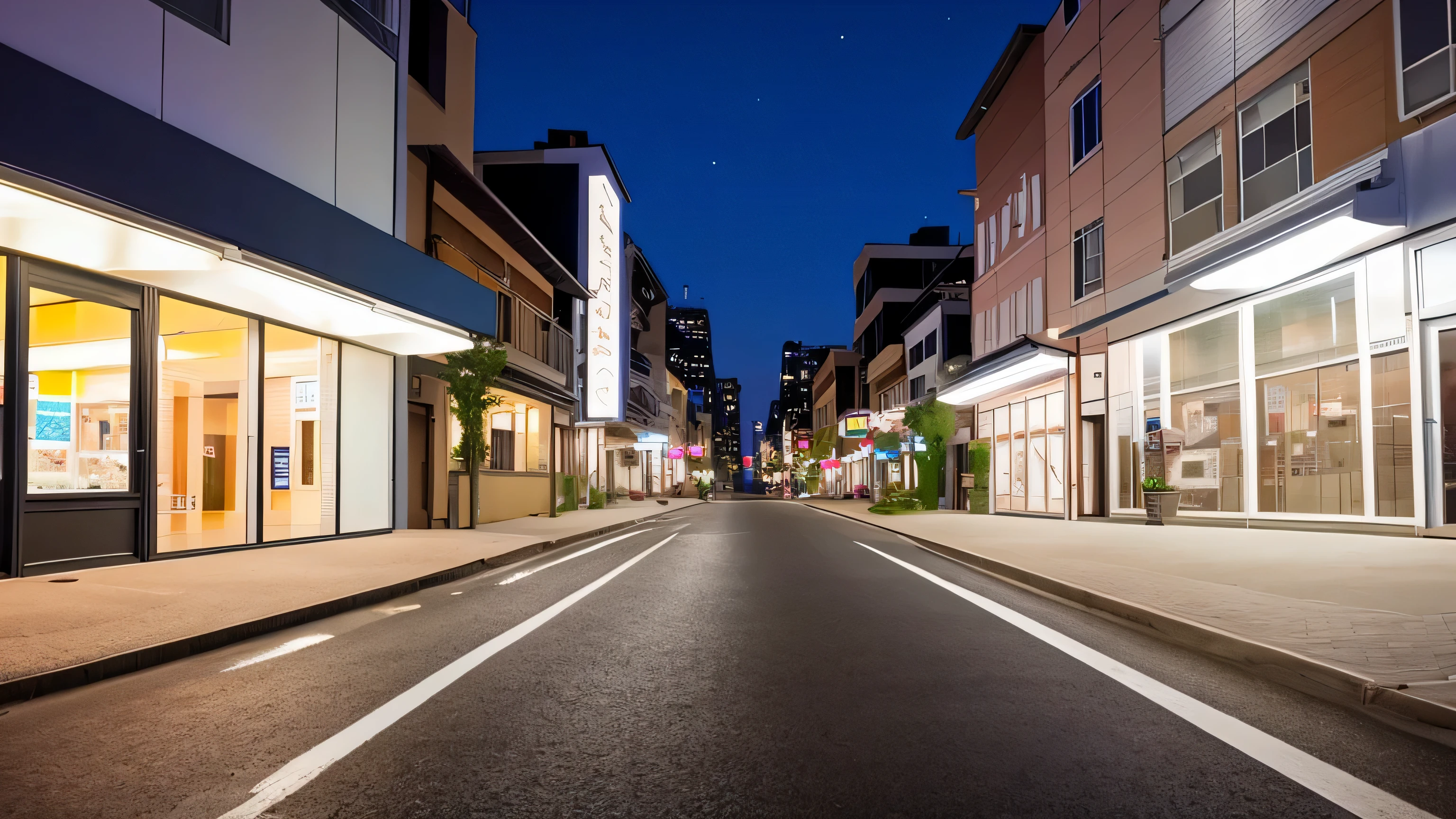 pov standing in the middle of a quiet street in an urban area, at night
