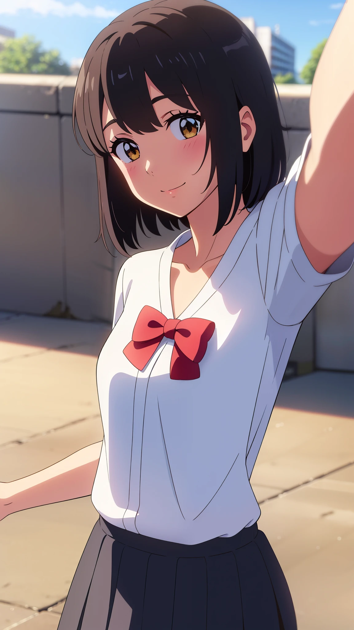 ((((full nude)))),Show your armpits,shinkai makoto, kimi no na wa., 1 girl, bangs, black hair, blue null, blush, bow, bowtie, brown eyes, cloud, collared shirt, hair ribbon, hair band, looking at the viewer, negative space, outdoor, red bow, red bowtie, red hair band, red ribbon, ribbon, school uniform, shirt, short hair, null, smile, alone, sweater vest, Upper body, vest, white shirt, yellow sweater vest, yellow vest