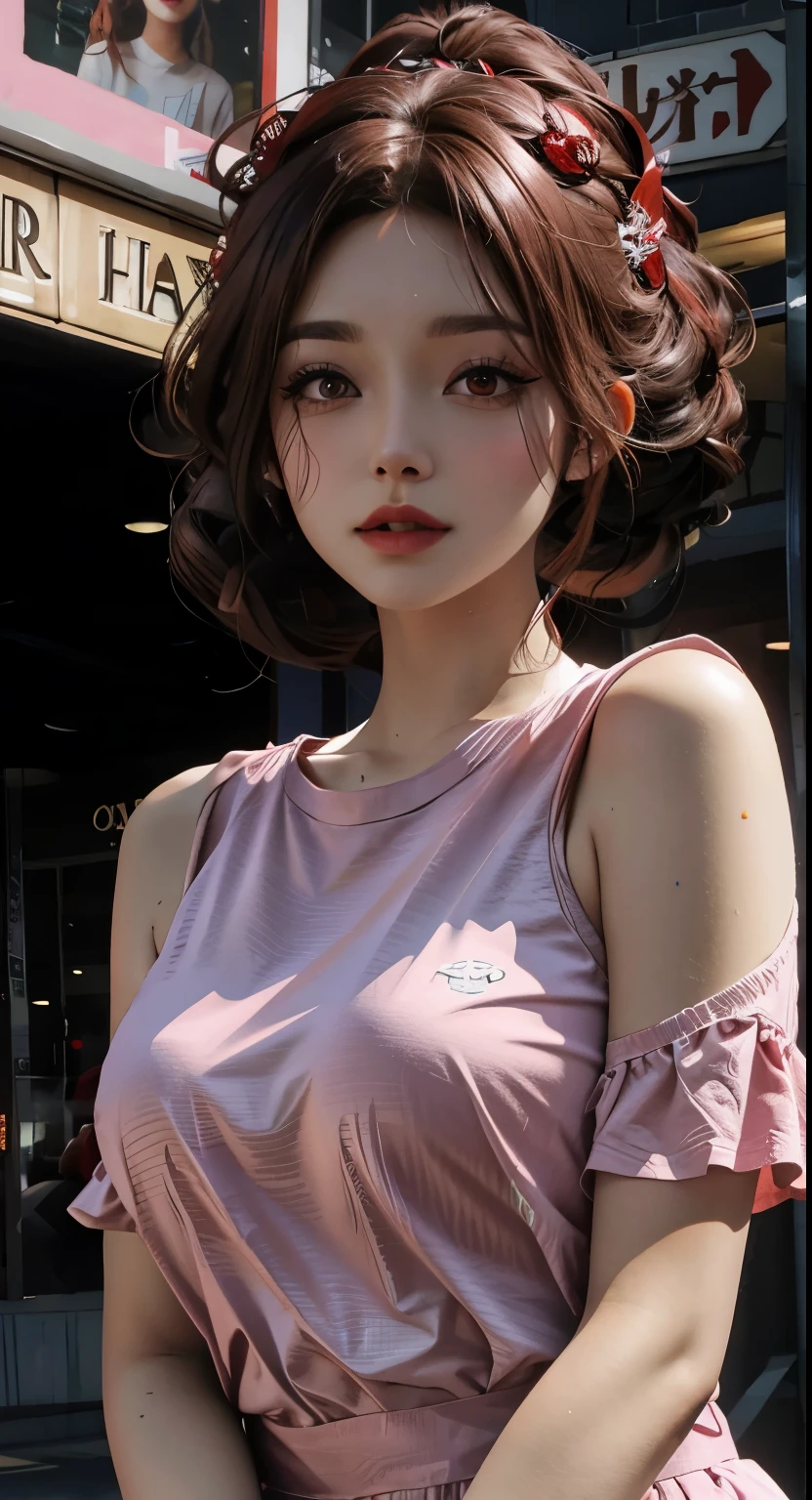 Reddish-brown hair,Long curly hair,ponytail,high ponytail hairstyle,red headdress,red eyes,red eyes,huge ,Plain pink clothes(There is no pattern)