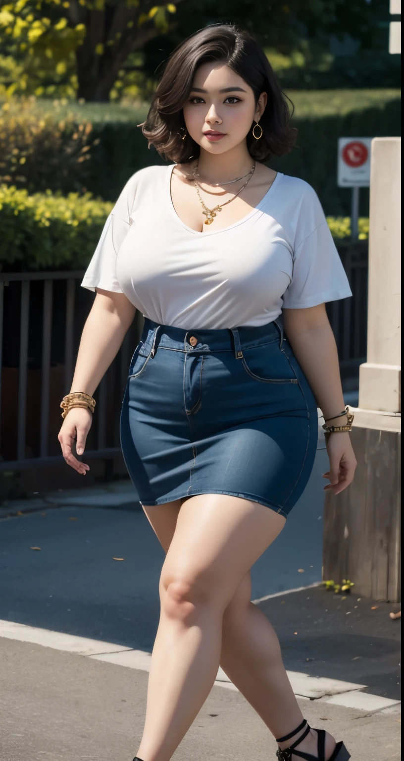 ((best quality)), ((masterpiece)), (detailed), perfect face, araffe woman in a long dark-blue shirt and blue denim skirt walking down a street, thicc,  wavy  short hair , she has a jiggly fat round belly, bbwchan, wearing tight simple clothes, skinny waist and thick hips, widest hips, her belly is fat and round, soft curvy shape, hyperrealistic full figure, wearing a cute top, wide hips, wearing 10 bracelet , wearing huge diamond necklace 