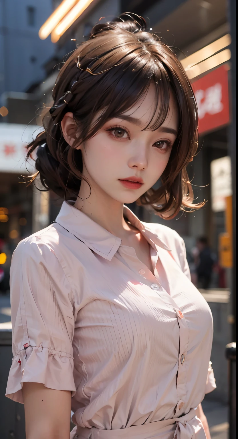 Reddish-brown hair，Long curly hair，ponytail，high ponytail hairstyle，red headdress，red eyes，red eyes，huge ，Pink shirt，pink clothes