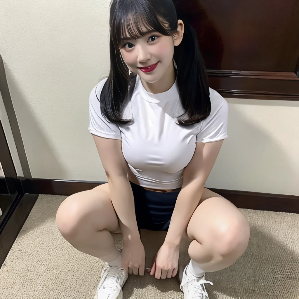 (white tightＴshirt)),((Navy blue bloomers)) 、huge breasts、ponytail, japanese girl, 8K, ((full body shot))， highest quality, masterpiece, realistic, Photorealistic super detail, one girl, cute, best smile, beautiful eyes, long hair, perfect face,full body shot