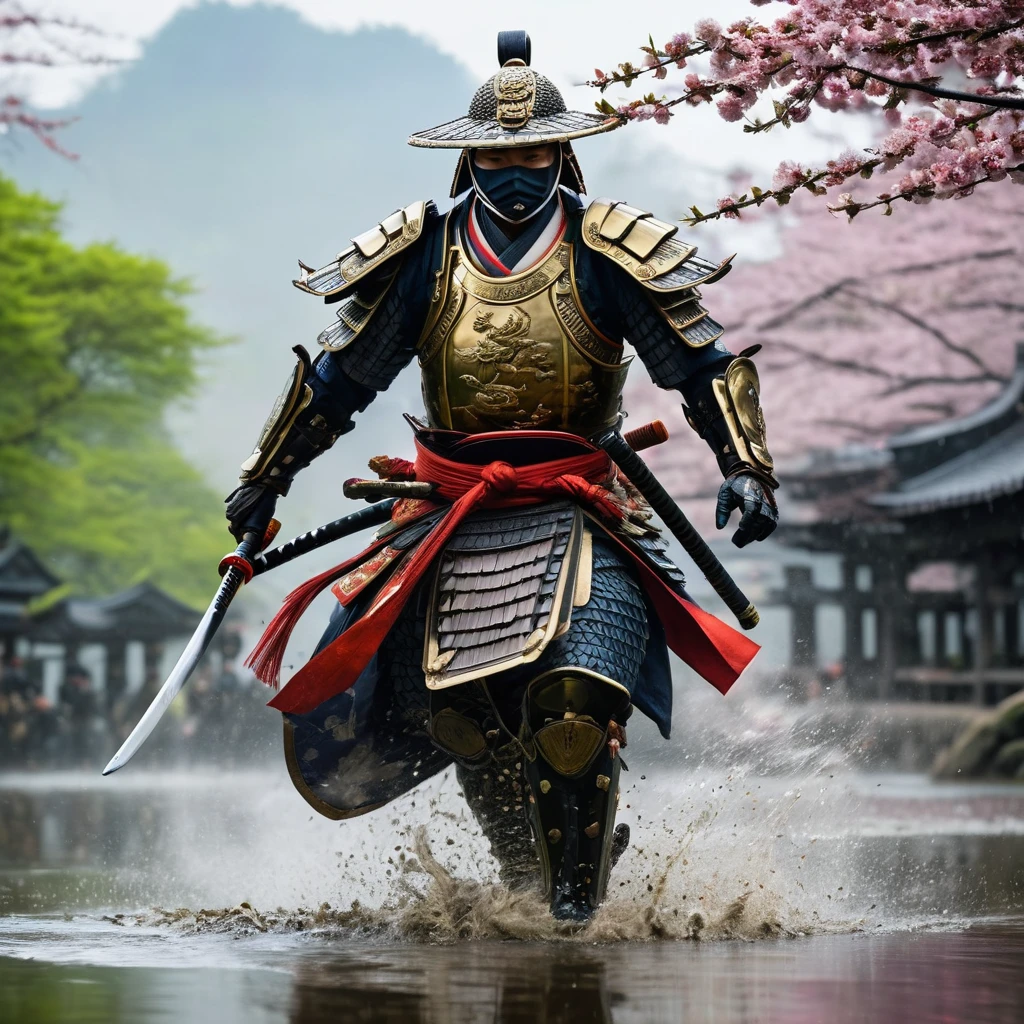 (Tyndall Effect) Toad Samurai warriors meet on the field of battle for an honor duel in Toad feudal Japan, their armies soldiers bellow and croak in support