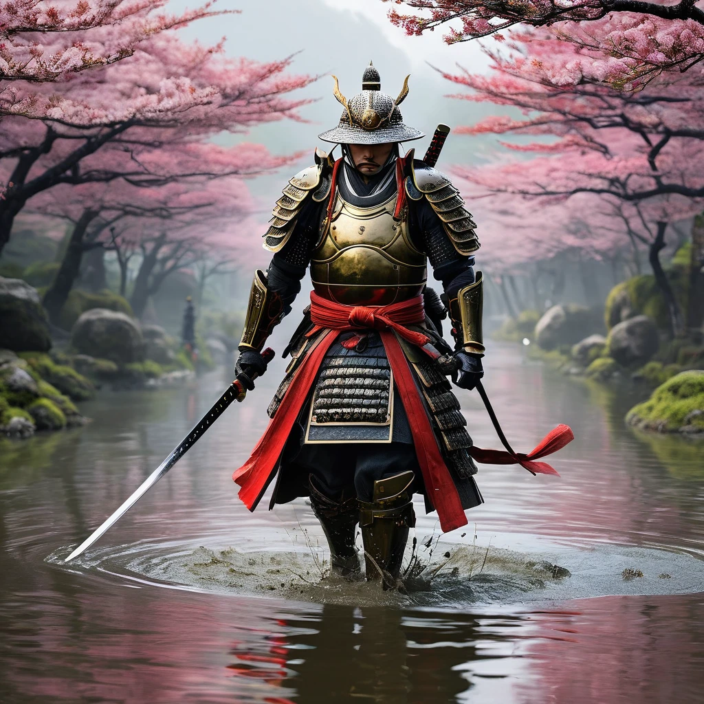 (Tyndall Effect) Toad Samurai warriors meet on the field of battle for an honor duel in Toad feudal Japan, their armies soldiers bellow and croak in support