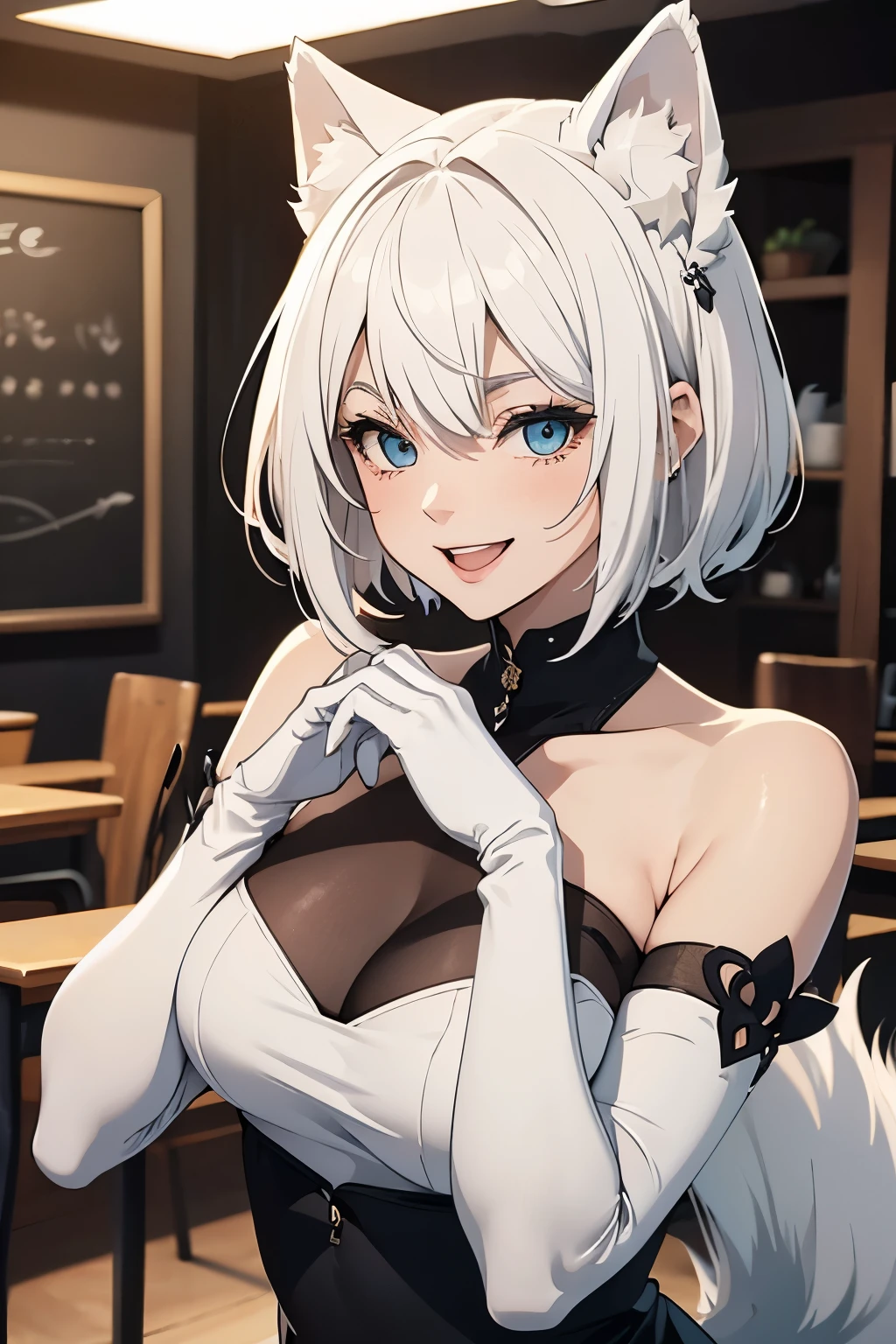 table top High level image quality best image quality 8k adult woman portrait white long gloves(elbow gloves) White ugly stockingaid clothes(Tube top) mini skirt white wolf ears short hair((shortcut)(pure white hair)(perm)(fluffy)) eye color is blue attractive face((laughter)(smile)(open your mouth)) beautiful feet Are standing School