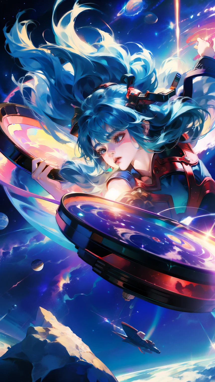 best quality, detailed, 4k, raw photo, masterpiece, detailed face,, stars, planets, galaxy, space,, a photo of anycemar flying in space, blue hair, bangs, long hair, looking at viewer,