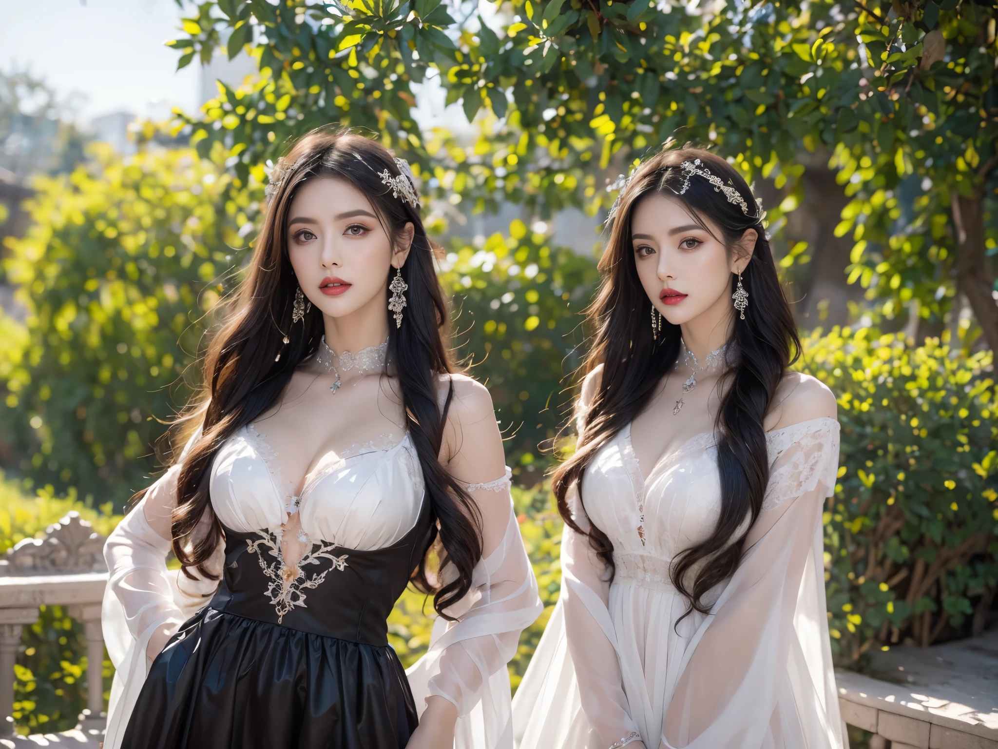 (masterpiece:1.2), (best quality:1.2), perfect eyes, perfect face, whole body perspective,from bottom to top,perfect lighting, 1 girl, Mature female gothgal standing with hands in front, long hair, complex hairstyle, cosmetics, black lips, thick eyelashes, sad, depressed, wearing gothic clothing, black and white dress, decorate, ribbon, puffy sleeves, bare shoulders, lace choker, jewelry, peaceful, quiet, chill, Detailed outdoor background, Beautiful scenery, fantasy, summer, sunny, sunburned, flowers, tree