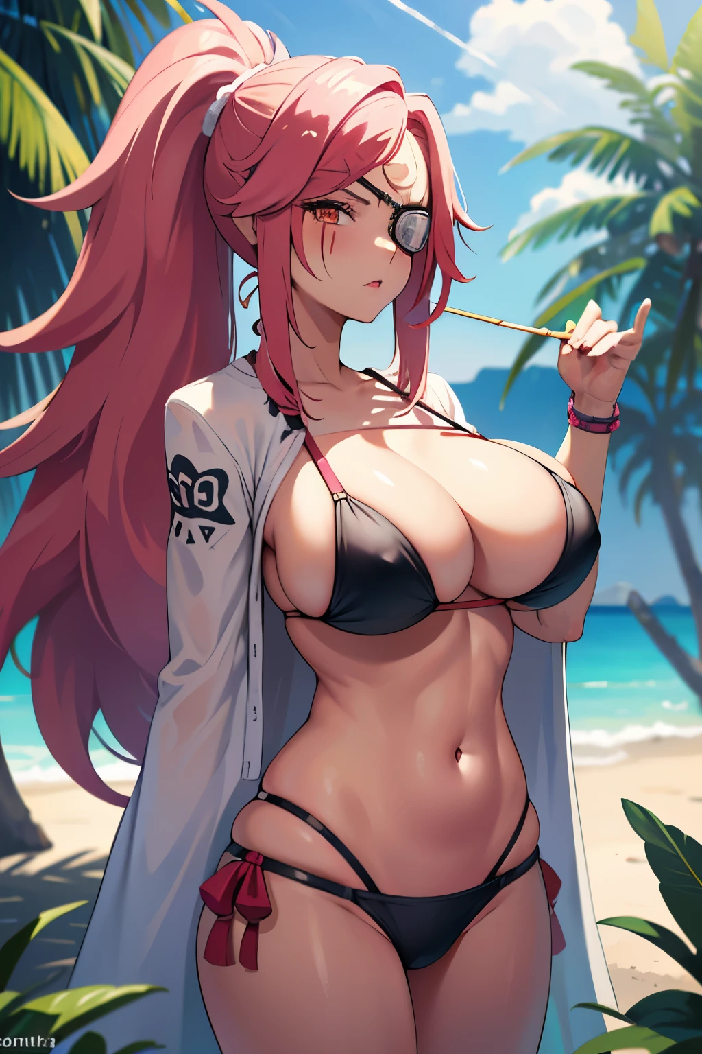 (Obra maestra:1.3),(muy detallado:1.3),(high resolution:1.1),Mejor calidad,ultra-detalle,1 chica, bikini, en bikini, solo,jelobaiken, pechos enormes, huge breats. pechos, breats, Amputado, amputee, parche en el ojo, eye patch, parche, tuerto, Patch, pelo rosa, pink hair, , one arm, un brazo,