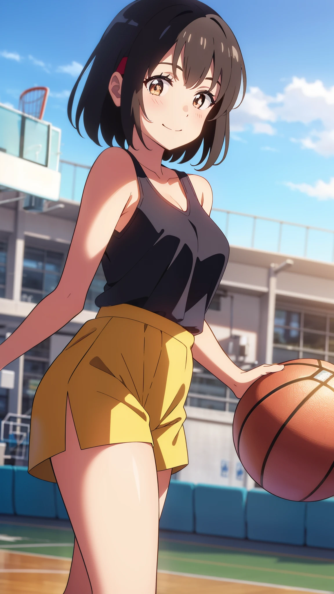 shinkai makoto, kimi no na wa., 1girl, bangs, black hair, blush, bright eyes, brown eyes, red headband, red bow, red ribbon, short hair, smile, cute, beautiful, shiny skin, looking at the viewer, solo, ​happy, collarbone, medium breasts, yellow tank top, red shorts, blue sky, school, basketball field, basketball, hold the basketball