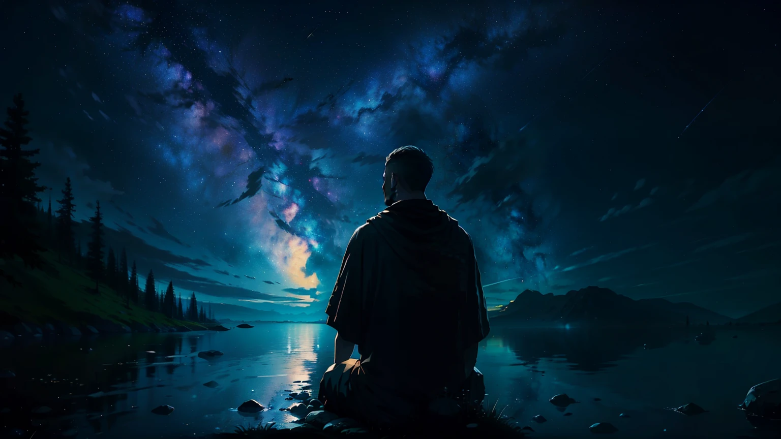 A scene that captures Ragnar&#39;s deep contemplation and thoughts under a starry sky., Symbolizes the pursuit of wisdom and the vastness of the universe.