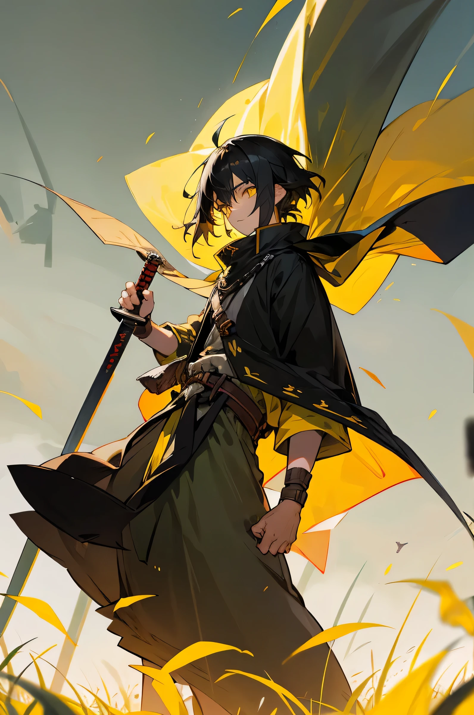 Young Adult, Male, Black Hair, poncho, One sword in Hand the other on back, sheathe, grassland background, Yellow eyes, Freedom Fighter Clothing, Masterpiece Quality, Perfect Generation.