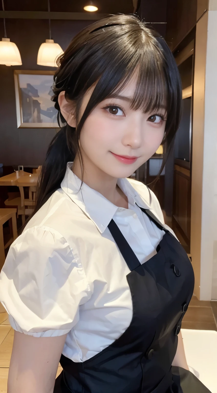 (highest quality,masterpiece:1.3,ultra high resolution,),(Super detailed,caustics),(Photoreal:1.4,RAW shooting,)ultra-realistic capture,very detailed,High resolution 16K human skin close-up。 natural skin texture、,The pores are、、、、Must be detailed enough to be easily identified。 Skin should look even-toned and healthy。 Use natural light and color,restaurant,waitress uniform,1 girl,Japanese,18-year-old,cute,black haired,ponytail,big breasts,smile,turn your body forward,(Front view:1.1),look at the camera,cowboy shot,