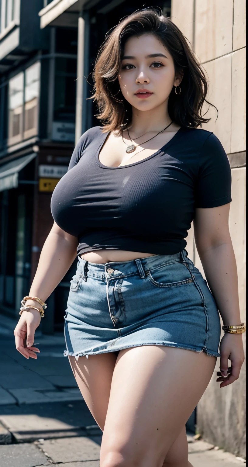 ((best quality)), ((masterpiece)), (detailed), perfect face, araffe woman in a long dark-blue shirt and blue denim skirt walking down a street, thicc, wavy short hair , she has a jiggly fat round belly, bbwchan, wearing tight simple clothes, skinny waist and thick hips, widest hips, her belly is fat and round, soft curvy shape, hyperrealistic full figure, wearing a cute top, wide hips, wearing 10 bracelet , wearing huge diamond necklace