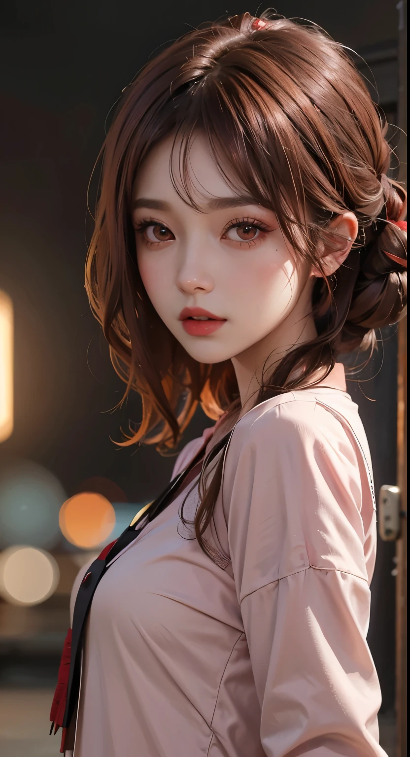 Reddish-brown hair，Long curly hair，ponytail，high ponytail hairstyle，red headdress，red eyes，red eyes，huge ，Pink shirt，pink clothes