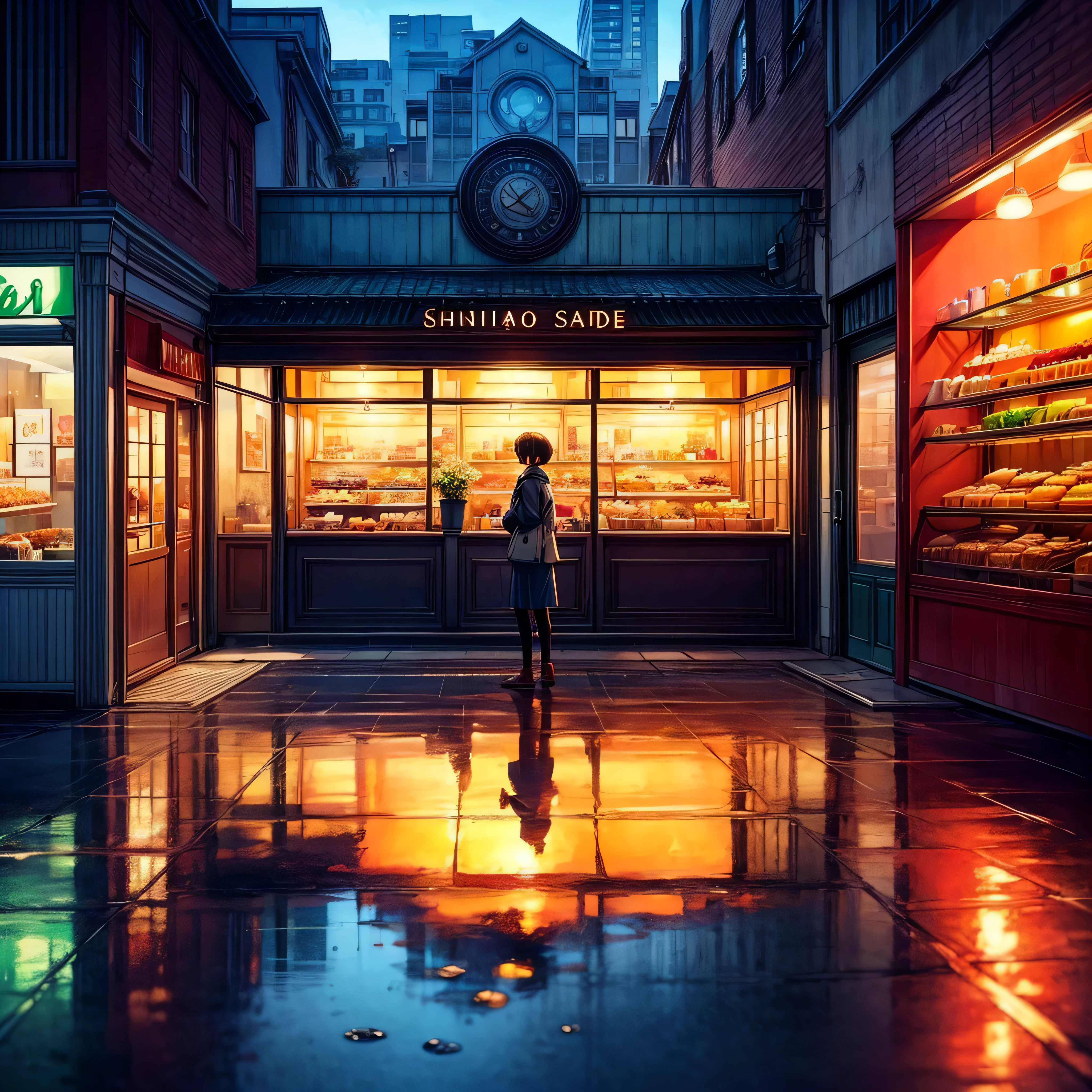 City flower shop, potted plants, flower, rainny night,water reflection puddle,oriental design, hanging lights , digital painting, sunset,wind up,concept art, illustration, intricate, many people, hanging lights, happy, beautiful colorful light, flower, plants ((tileset)) Anime - City street style scene, a woman waiting in front of a store, anime background art, detailed scenery - width 672, anime landscape concept art, anime style cityscape, Studio Ghibli anime style, Studio Ghibli art style, Studio Ghibli program, anime landscape, Studio Ghibli art style, Landscape artwork, Beautiful anime landscape, Forest city street, Ghibli art style, cake shop, cake shop, bakery cake shop, Makoto Shinkai style, Makoto Shinkai anime, Shinkai Makoto art style, insanely detailed, ((tmasterpiece)), absurdres, HDR, UHD, varied multi etc. --v6 --s1000 --c20 --q5 --chaos100