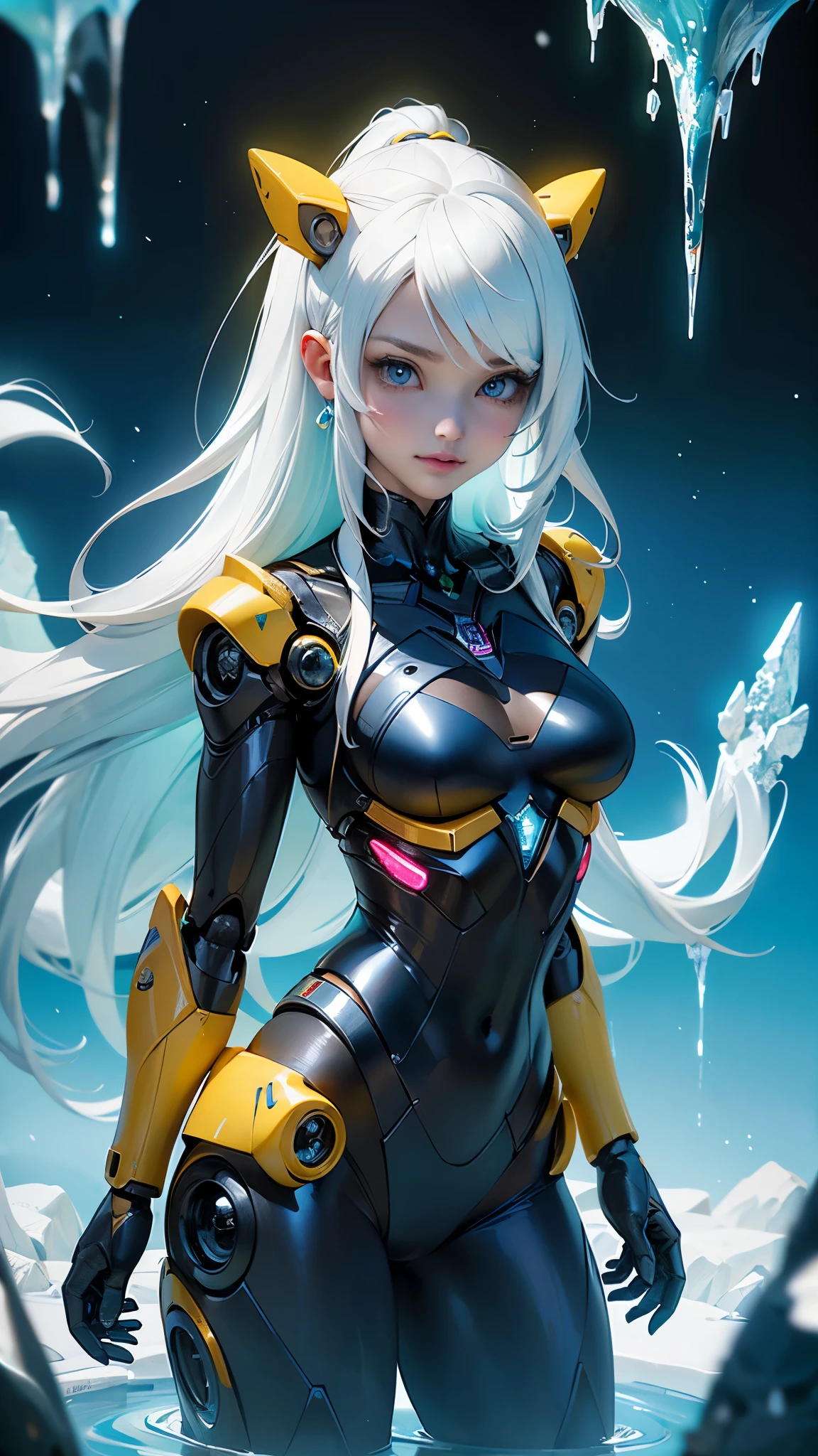 (La mejor calidad,A high resolution,Ultra - detallado,actual),Ariana Grande cyborg in yellow bikini with children&#39;pique, dentro una caverna de hielo congelado, (fondo cristales de hielo grandes :1.4), More detailed 8K.motor irreal:1.4,HD,La mejor calidad:1.4, fotorrealista:1.4, textura de la piel:1.4, obra maestra:1.8,obra maestra, mejor calidad,objeto Objeto], (rasgos faciales detallados:1.3),(Las proporciones correctas),(Ojos hermosos azules:1.4 ),  (pose vaquero), (dedos detallados cyborg :1.4), (bikini estilo kawaii ciborg white :1.4), (Cabello largo completo rojo), (perfect anatomy 2.1), (robot ciborg blanco :1.4), ,( ciberpunk 2.1), (MarArt 2.1), (circuitos de robot esqueleto de metal:1.4) 