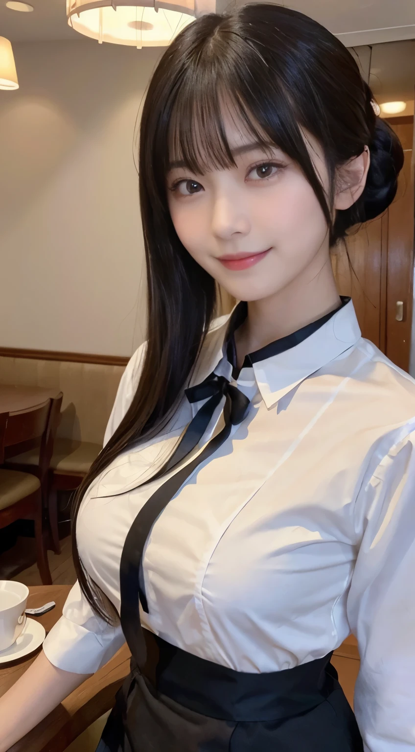 (highest quality,masterpiece:1.3,ultra high resolution,),(Super detailed,caustics),(Photoreal:1.4,RAW shooting,)ultra-realistic capture,very detailed,High resolution 16K human skin close-up。 natural skin texture、,The pores are、、、、Must be detailed enough to be easily identified。 Skin should look even-toned and healthy。 Use natural light and color,restaurant,waitress uniform,1 girl,Japanese,18-year-old,cute,black haired,ponytail,big breasts,smile,turn your body forward,(Front view:1.1),look at the camera,cowboy shot,