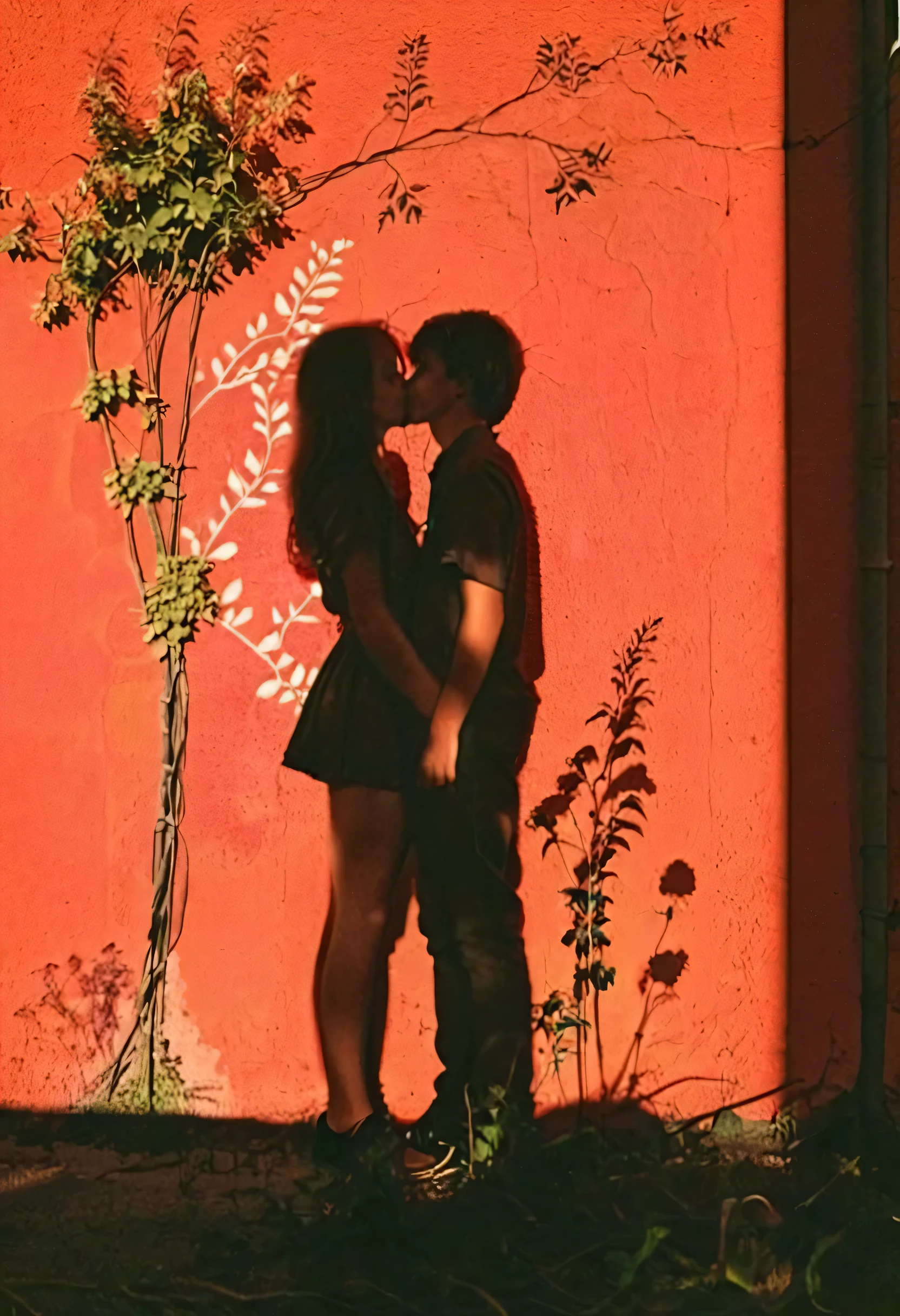 cinematographic style, cinematography, Tyndall effect, A 16-year-old boy kisses a stick figure mural of a girl&#39;s shadow,Shadows on the wall,Silhouettes of vines and flowers,red sunset., film grain