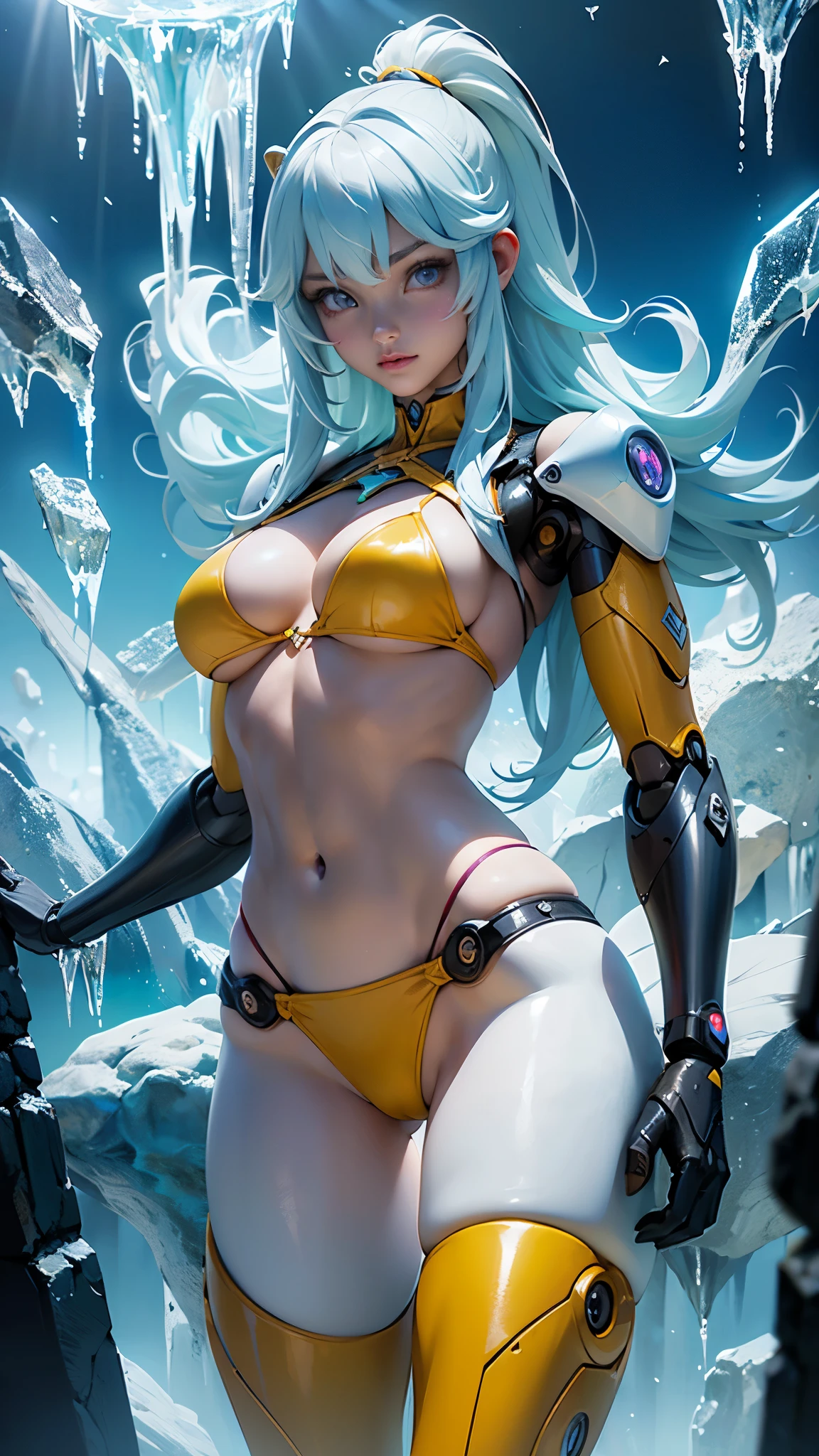 (La mejor calidad,A high resolution,Ultra - detallado,actual),Ariana Grande cyborg in yellow bikini with children&#39;pique, dentro una caverna de hielo congelado, (fondo cristales de hielo grandes :1.4), More detailed 8K.motor irreal:1.4,HD,La mejor calidad:1.4, fotorrealista:1.4, textura de la piel:1.4, obra maestra:1.8,obra maestra, mejor calidad,objeto Objeto], (rasgos faciales detallados:1.3),(Las proporciones correctas),(Ojos hermosos azules:1.4 ),  (pose vaquero), (dedos detallados cyborg :1.4), (bikini estilo kawaii ciborg white :1.4), (Cabello largo completo rojo), (perfect anatomy 2.1), (robot ciborg blanco :1.4), ,( ciberpunk 2.1), (MarArt 2.1), (circuitos de robot esqueleto de metal:1.4) 