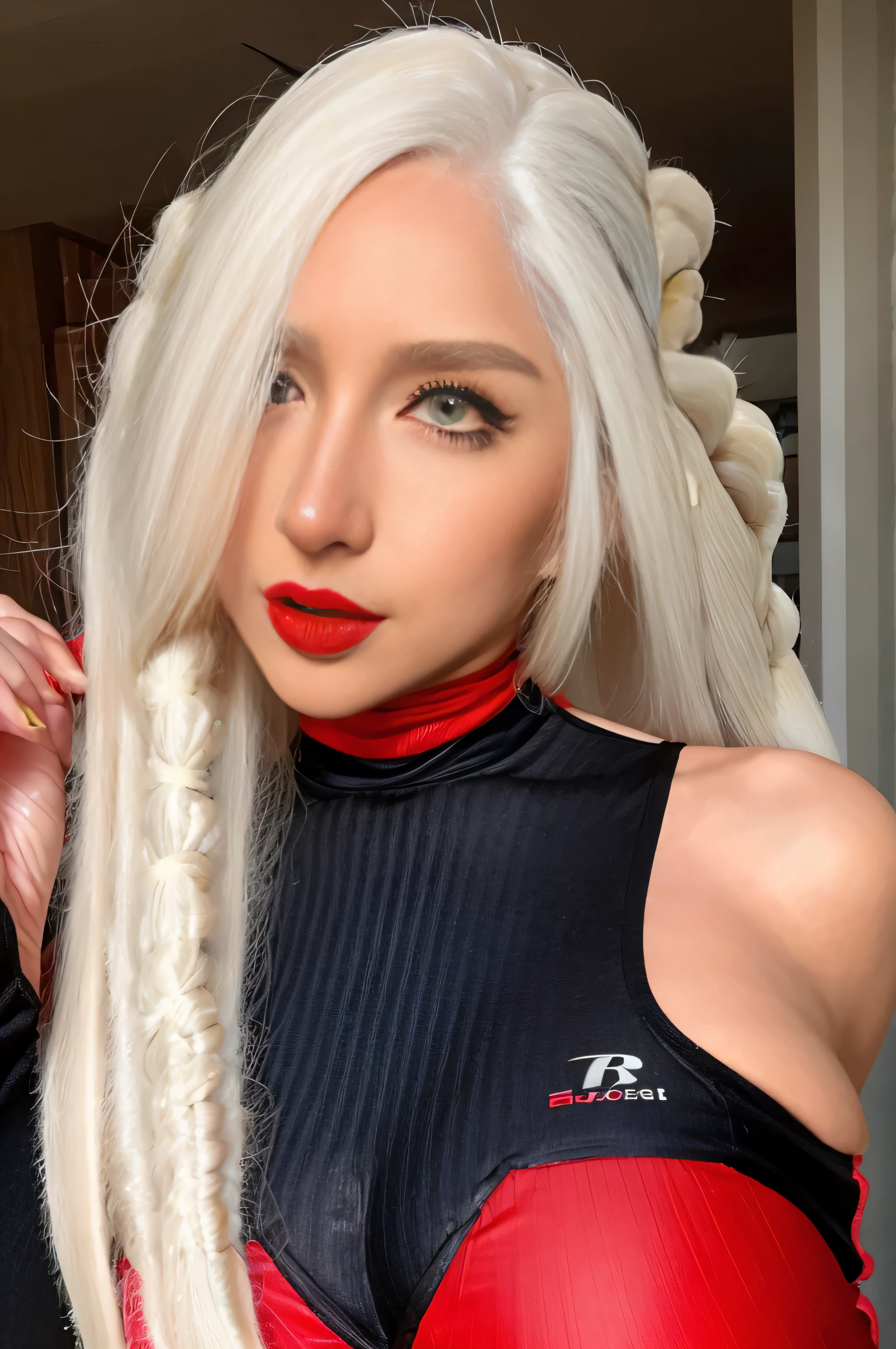 pregnant woman, ((highest quality, 8k, masterpiece: 1.3)), 1 Attractive 45 year old woman, Beautiful woman with a plump body: 1.3, very white hair(long hair: 1.9), Very red lips, blue swimsuit, turtleneck open leotard, long legs: 1.1, super detailed face, fine eyes, double eyelid, outdoors, pregnant woman, long hair: 1.9,Very red lips,