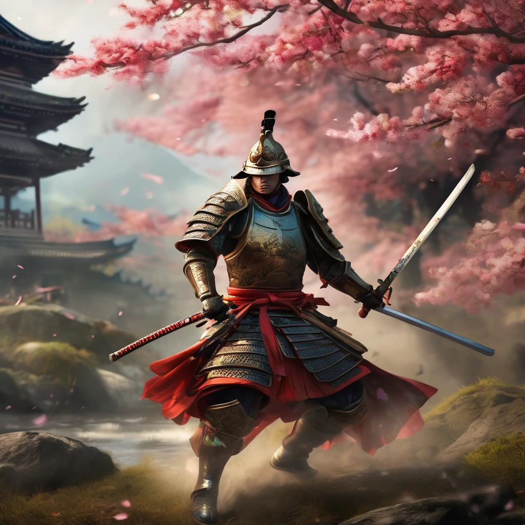 (Tyndall Effect) Toad Samurai warriors meet on the field of battle for an honor duel in Toad feudal Japan, their armies soldiers bellow and croak in support