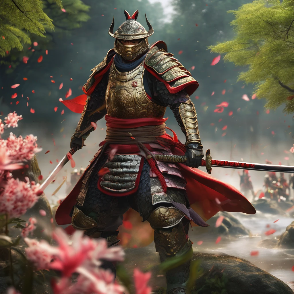 (Tyndall Effect) Toad Samurai warriors meet on the field of battle for an honor duel in Toad feudal Japan, their armies soldiers bellow and croak in support