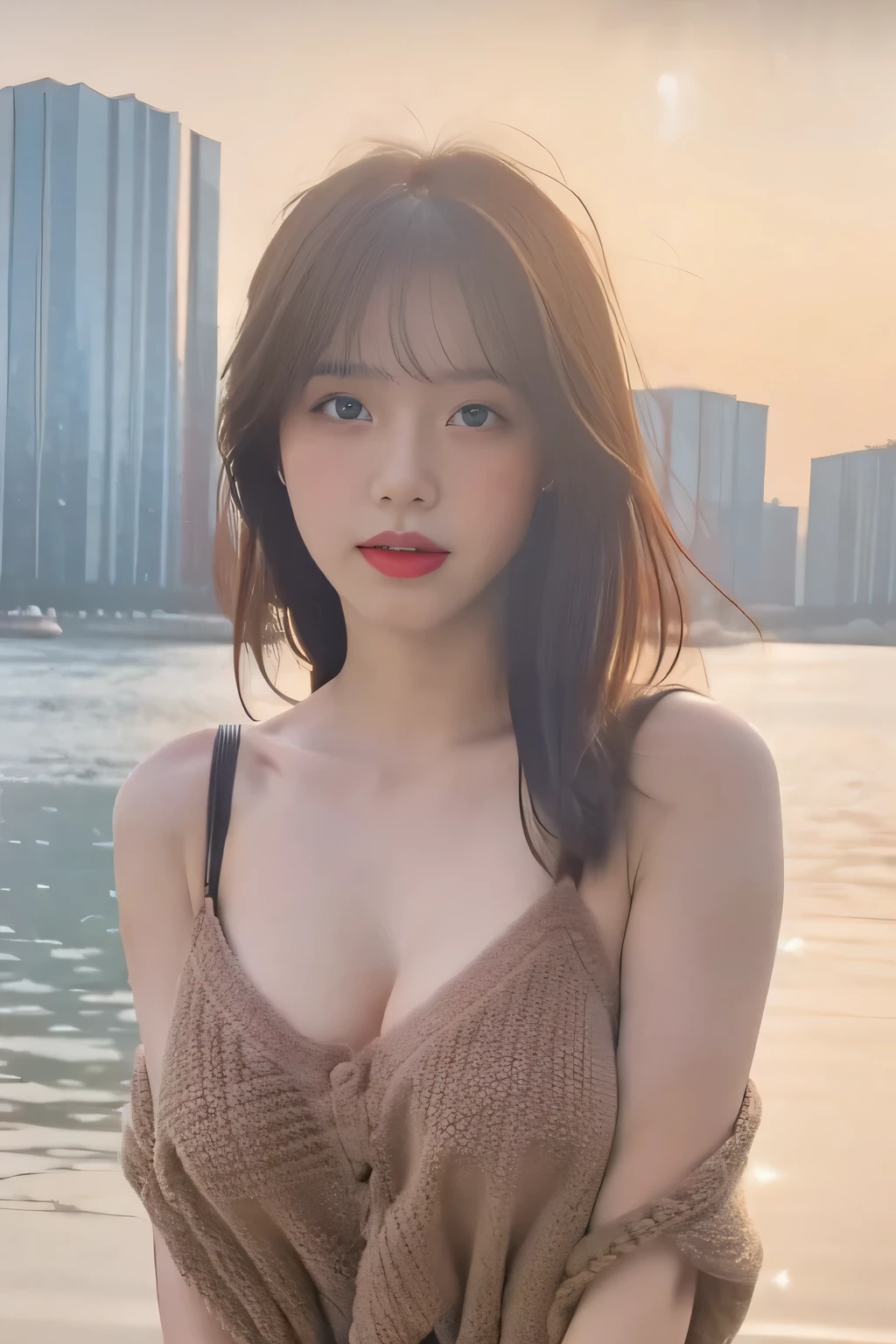 best quality,masterpiece,photoactual,超high resolution,high resolution,illustration. media,beautifully,8k wallpaper,official art,(actual:1.2),(alone:1.1),(1 girl:1.2),charming,huge breasts, (Upper body:1.2),contrast,illumination,city View,(whole body:1.3),