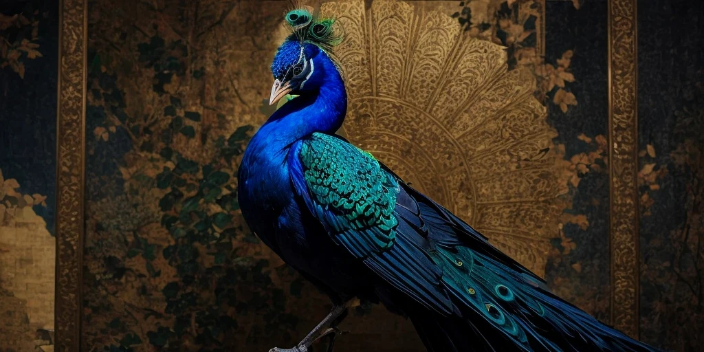 (there are no humans), (A masterpiece of gold-based folding screens), (Ito Jakuchu:1.3), (Korin Ogata), (Gold folding screen peacock), (Rinpa gold folding screen:1.2), (The painted peacock is brightly colored in gold and navy blue.。.:1.3), break (more detailed), disorganized, 8k, Hmm, Rin々A bright and colorful world, amazingly fine touch