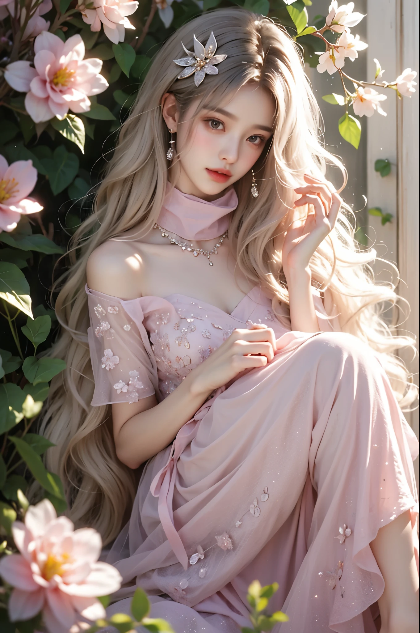 skirt, One hand resting on his lips、头发周围有白色Butterfly兰，Lilac dendrobium、orange lily、White Lily、1 girl in、Full body image、white hair、flowing hair、hazy beauty、Have extremely beautiful facial features、hairpins on head、lying among flowers、Drag your chin with both hands、perfect hands、rosette、(spring、rainy day、Butterfly、cliff)、 vector art、Chinese contemporary art、soft light lighting、intertwined scarves、look down