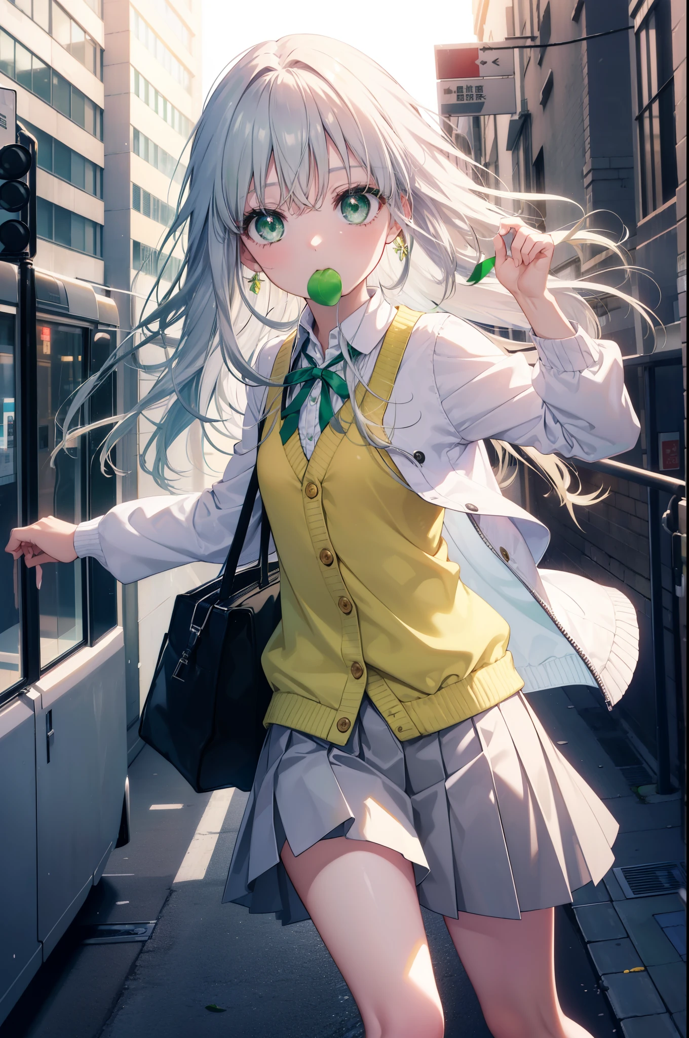 index, index, (green eyes:1.5), silver hair, long hair, (flat chest:1.2),yMedium sleeve shirt,ribbon,yellow cardigan blazer,black pleated skirt,white pantyhose,loafers,toast in your mouth, running, city street,morning,morning日,sunrise,A girl running with a student bag,
break looking at viewer, Upper body, ぜん
break outdoors, city,
break (masterpiece:1.2), highest quality, High resolution, unity 8k wallpaper, (shape:0.8), (fine and beautiful eyes:1.6), highly detailed face, perfect lighting, Very detailed CG, (perfect hands, perfect anatomy),