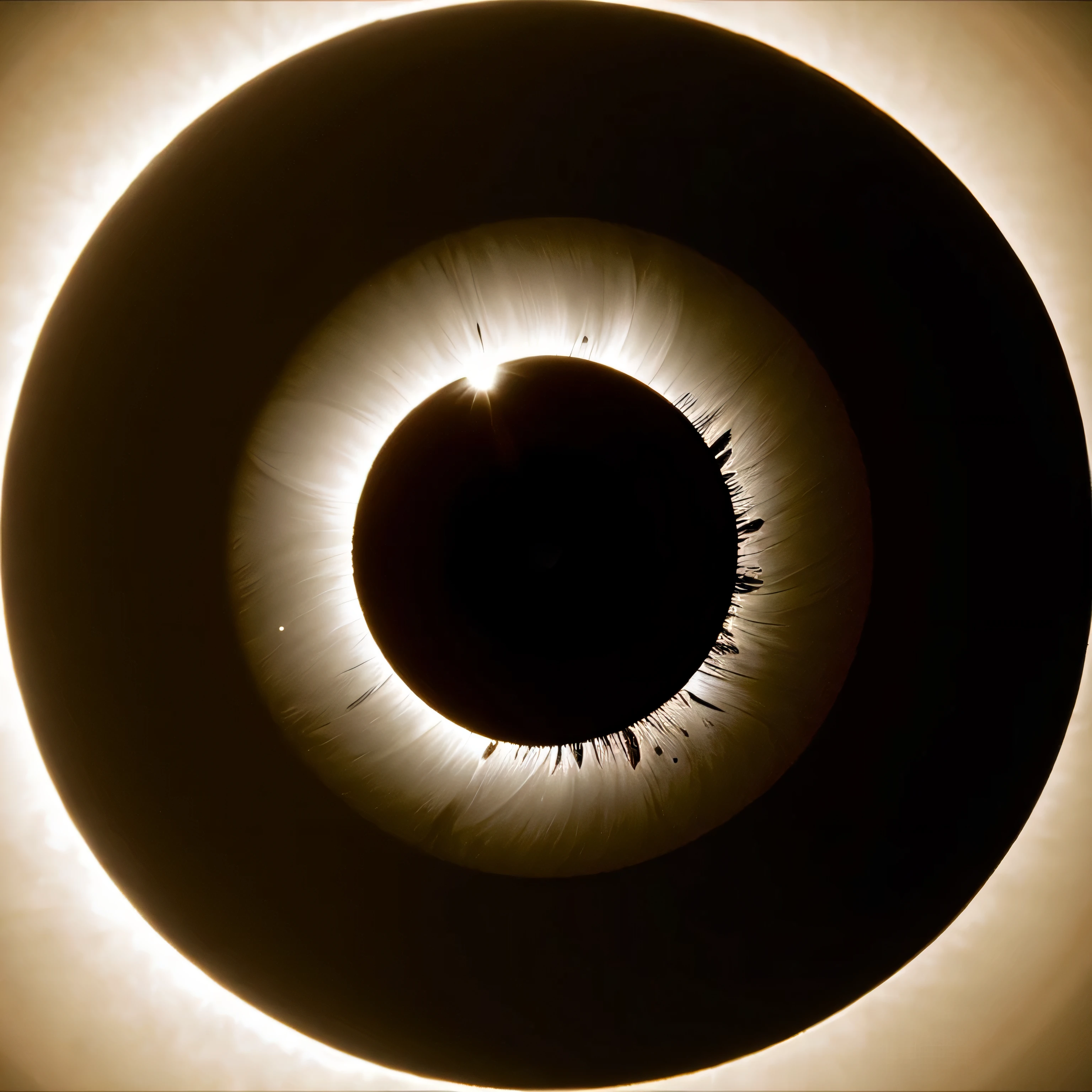 um close de uma imagem em preto e branco de um sol, um eclipse, escuro Eclipse solar, eclipse total, um olho aberto em seu centro, durante um Eclipse, Sol do buraco negro, eclipse solar, scientific representation, eclipse, o olho do universo, taken through a telescope, round iris, human iris eye photo, Direction: Julius Olitsky