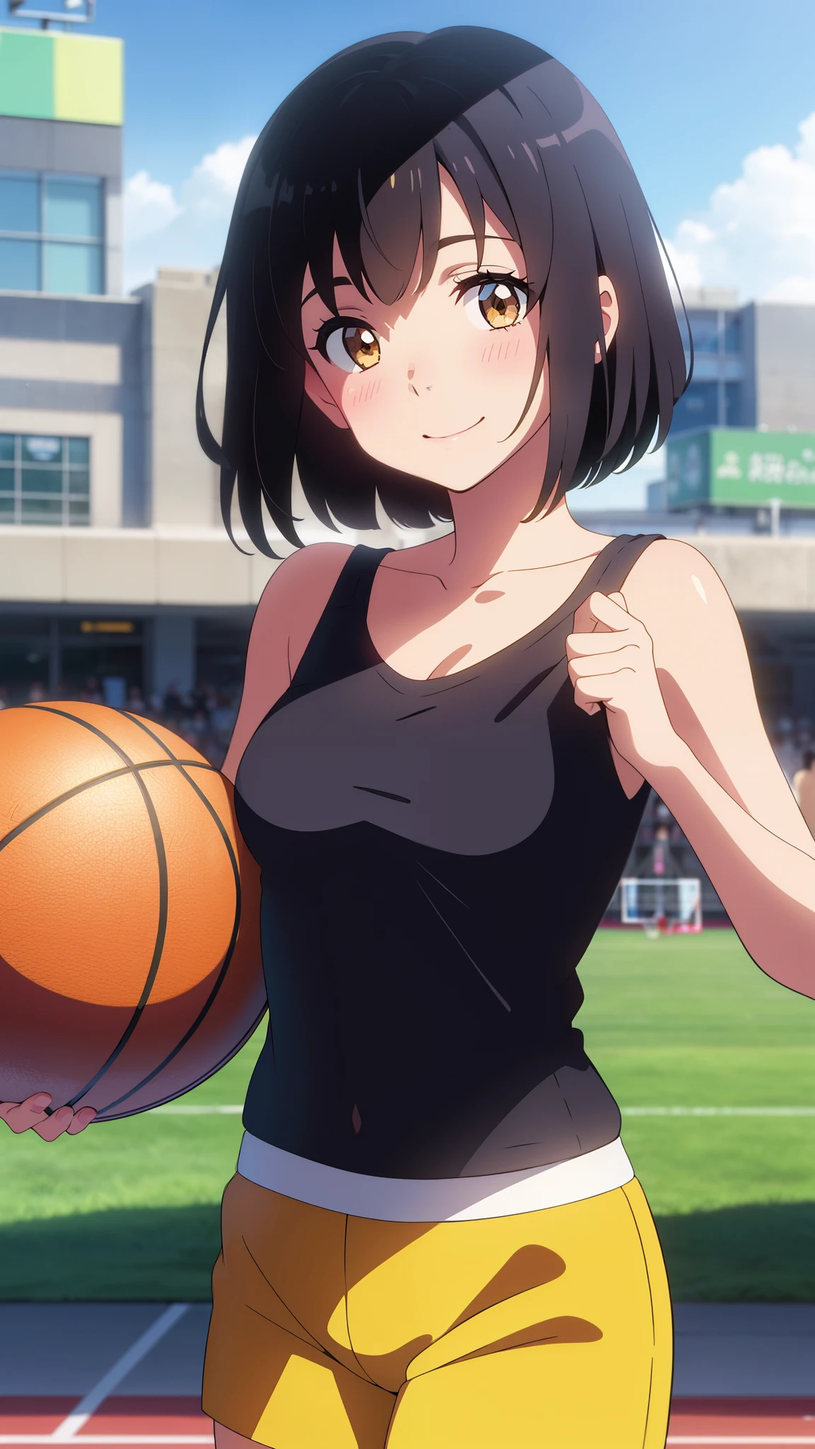 shinkai makoto, kimi no na wa., 1girl, bangs, black hair, blush, bright eyes, brown eyes, red headband, red bow, red ribbon, short hair, smile, cute, beautiful, shiny skin, looking at the viewer, solo, happy, collarbone, medium breasts, yellow tank top, red shorts, blue sky, school, basketball field, basketball, hold the basketball