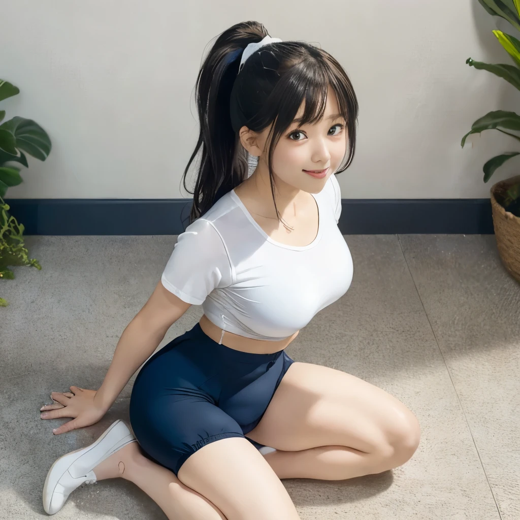 (white tightＴshirt)),((Navy blue bloomers)) 、huge breasts、ponytail, japanese girl, 8K, ((full body shot))， highest quality, masterpiece, realistic, Photorealistic super detail, one girl, cute, best smile, beautiful eyes, long hair, perfect face,full body shot