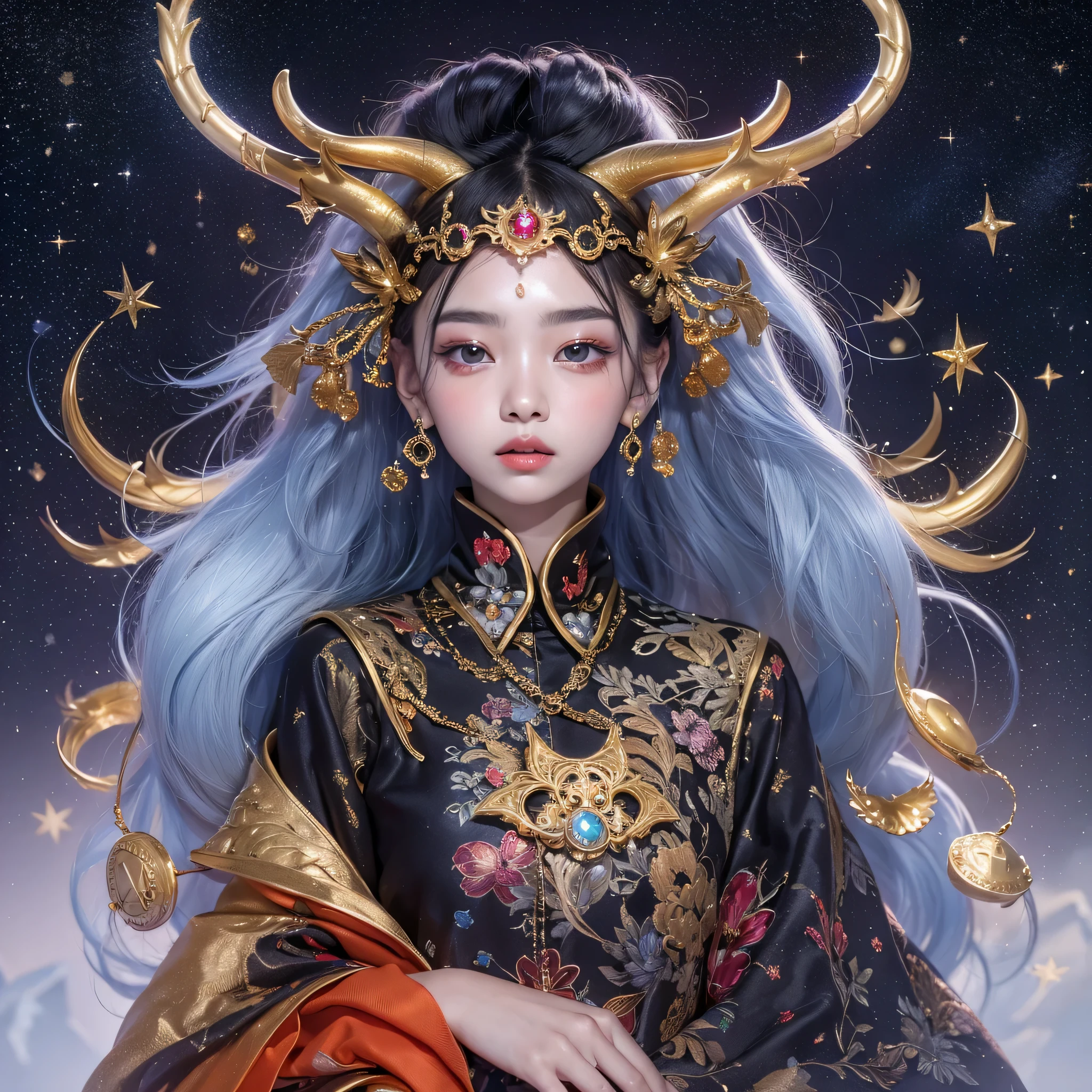 Antlers Flying Nine Tails Light Blue Heavenly Master Flame Hair Star，Moon Night black, gold and orange snake print silk trousers，Rouge Diamond Tulle Sheer Lizard Print，Girl flying in space in the snow 1:900 miniatures，Front view，pure transparency，put on boxing gloves，Wear gold-framed Reverse Light sunglasses，Panoramic super wide angle，very happy，Authentic and delicate texture，Strong visual impact，super detailed，dream girl，delicate face型，beautiful eyes，Hair floating in the air， cherry style，Zhou Xiaotong，crystal clear，Good sense of perspective，Light shadow effect，16KLight slip，surface reflected Light，flowing black hair，Water Goddess 32K，complicated，grace，Very detailed，Gorgeous，digital photography，Autumn Cowboy Shooting，Surrealism，broken ruby，defeat magic，Water magic entanglement，（masterpiece，Light，beautiful eyes：1.2），high dynamic range，void 5 energy storm，(china 1 girl，black eyes:1.5），rouge skin，Light skin，(sit on stone：1.5），delicate face，black hair，Put on Gorgeous golden armor，starry sky background，beautiful golden armor，it&#39;it&#39;it&#39;It&#39;s raining，beautiful，University Teachers&#39;Don&#39;t look at the audience，focus shift，masterpiece
