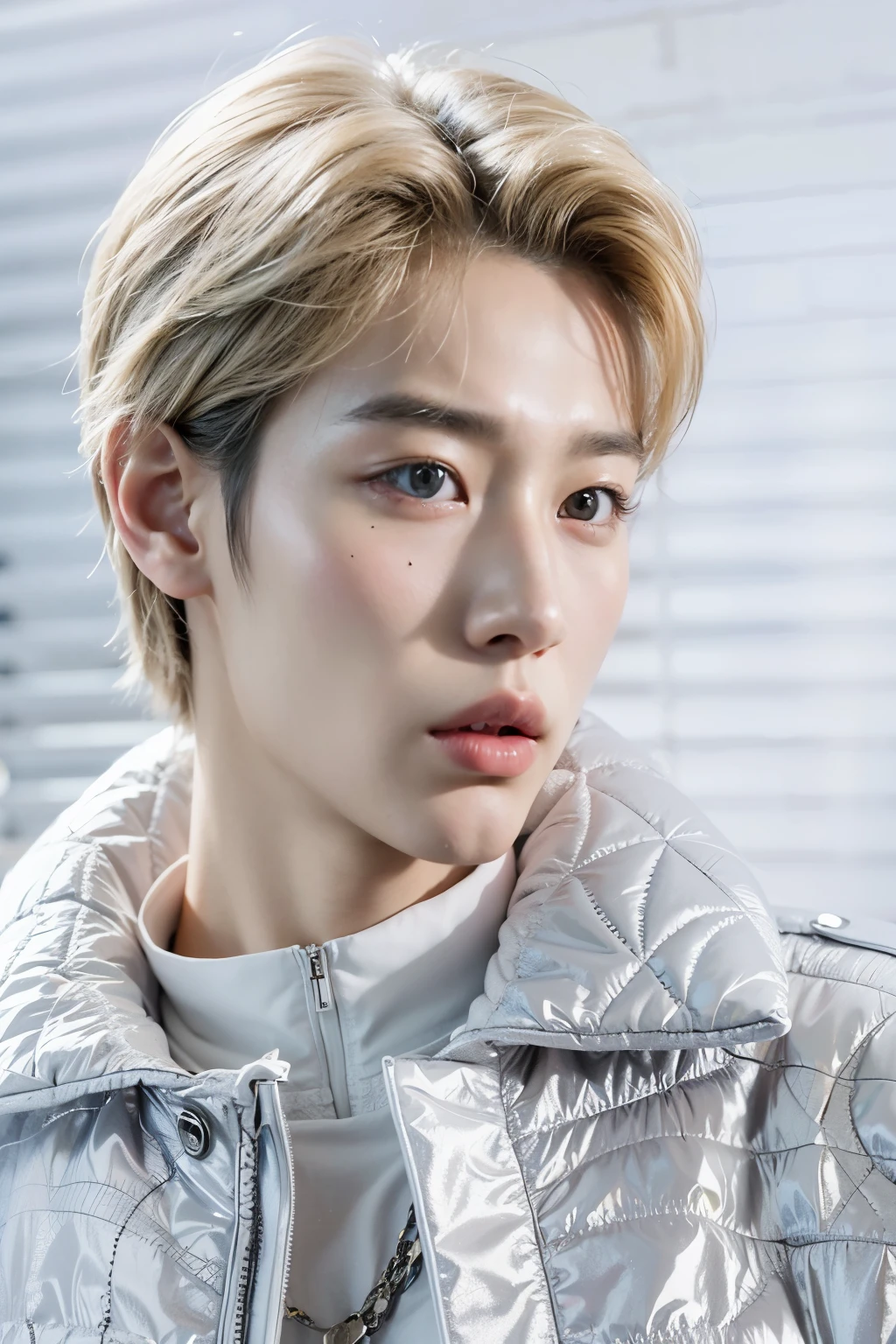 un primer plano de una persona que lleva una chaqueta y un collar, cai xukun, Jung Jaehyun, jinyoung shin, hyung tae, Kpop idol portrait, yanjun chengt, young pale angel, inspirado en jeonseok lee, inspirado en Yanjun Cheng, pale korean adorable face, hombre surcoreano, inspirado por Zhang Han, kim taejin, sakimichan