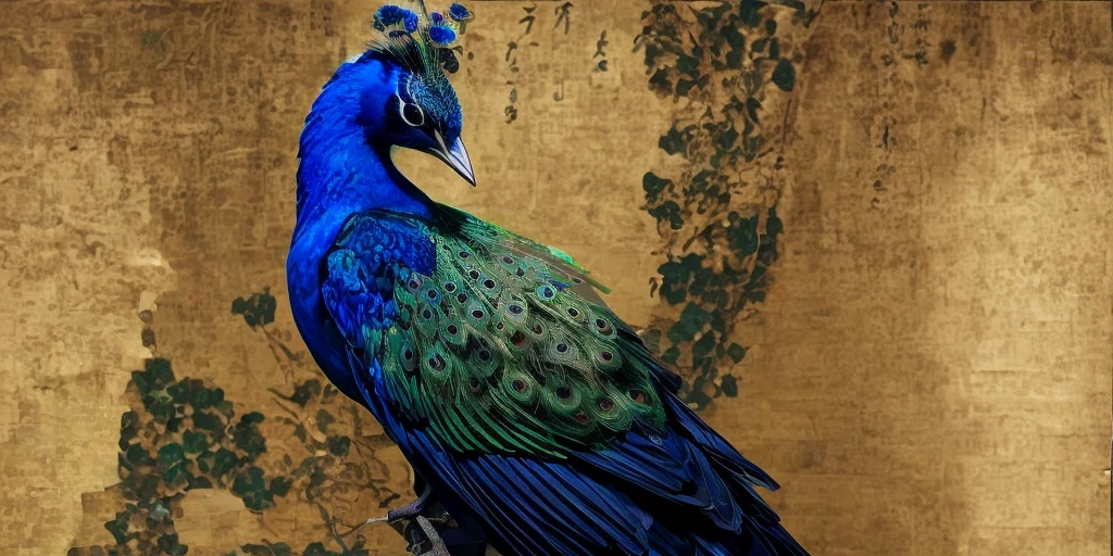 (there are no humans), (A masterpiece of gold-based folding screens), (Ito Jakuchu:1.3), (Korin Ogata), (Gold folding screen peacock), (Rinpa gold folding screen:1.2), (The painted peacock is brightly colored in gold and navy blue.。.:1.3), break (more detailed), disorganized, 8k, Hmm, Rin々A bright and colorful world, amazingly fine touch