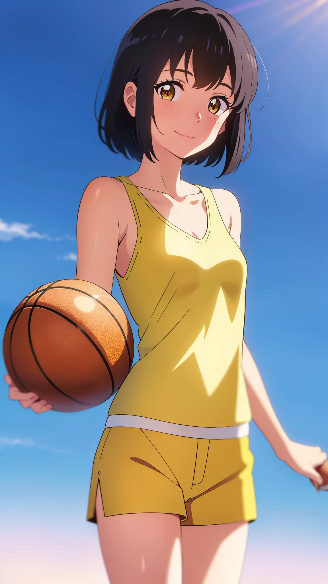 shinkai makoto, kimi no na wa., 1girl, bangs, black hair, blush, bright eyes, brown eyes, red headband, red ribbon, short hair, smile, cute, beautiful, shiny skin, looking at the viewer, solo, ​happy, medium breasts, ((collarbone, yellow tank top, red shorts)), blue sky, school, basketball field, basketball, hold the basketball